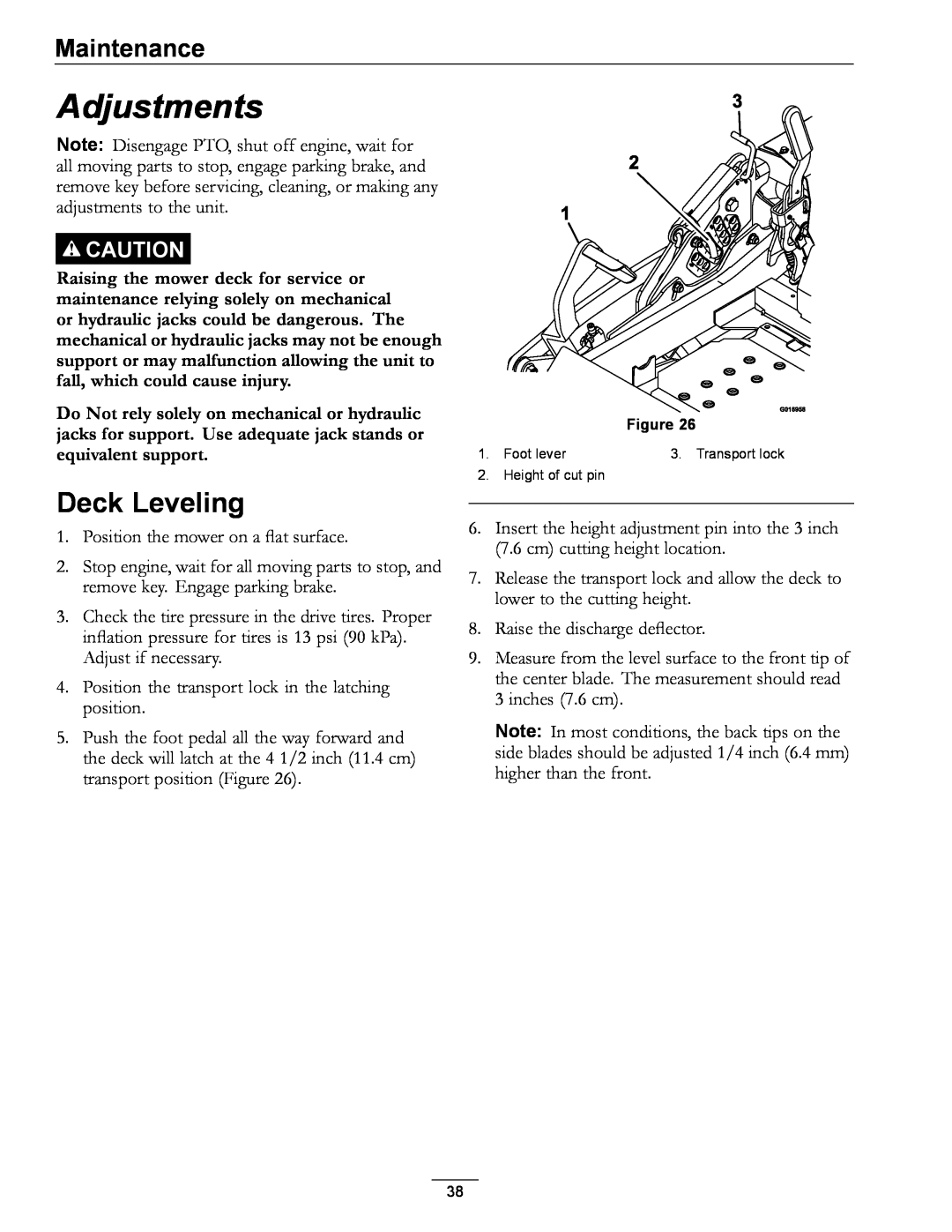 Exmark 000 & higher, 312 manual Adjustments, Deck Leveling, Maintenance 