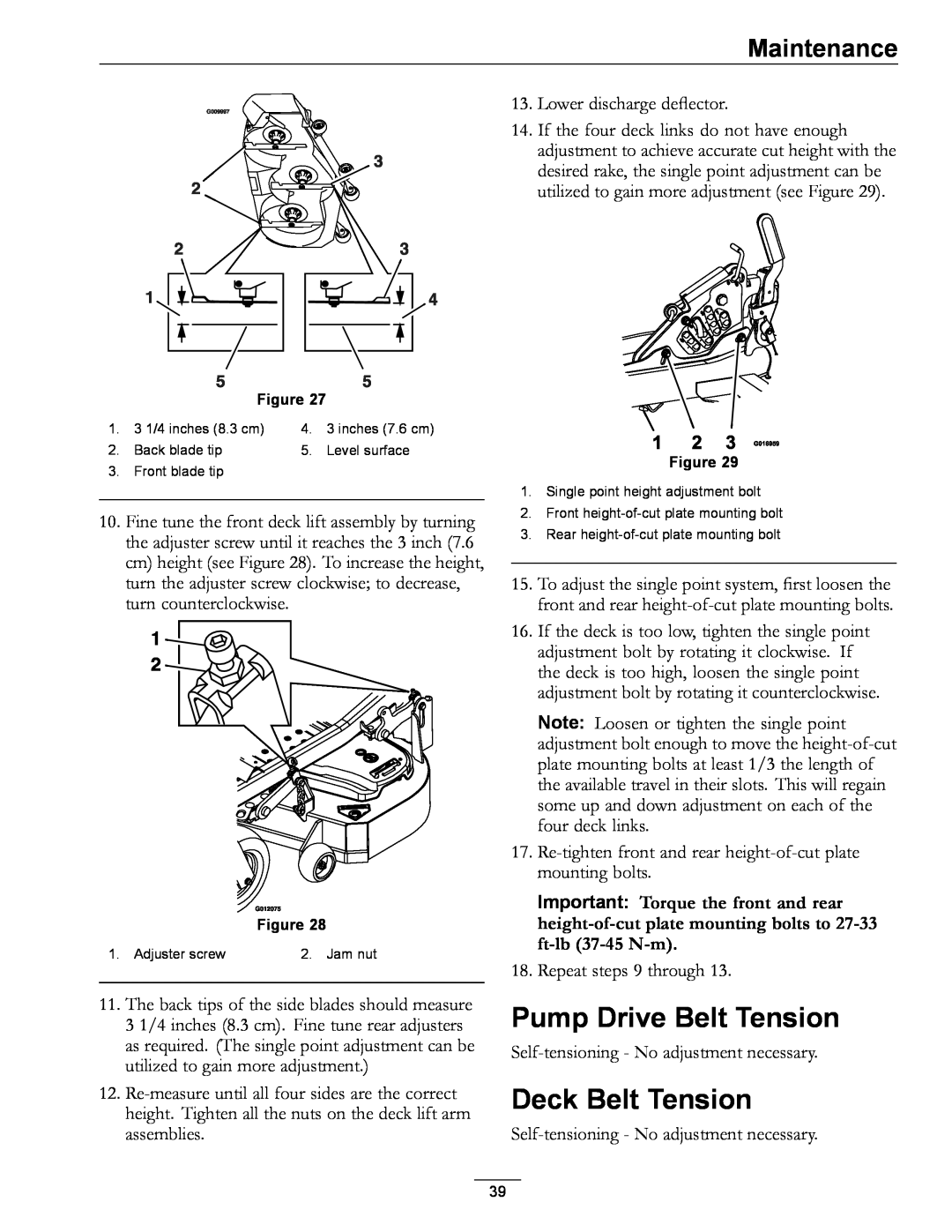 Exmark 000 & higher, 312 manual Pump Drive Belt Tension, Deck Belt Tension, Maintenance 