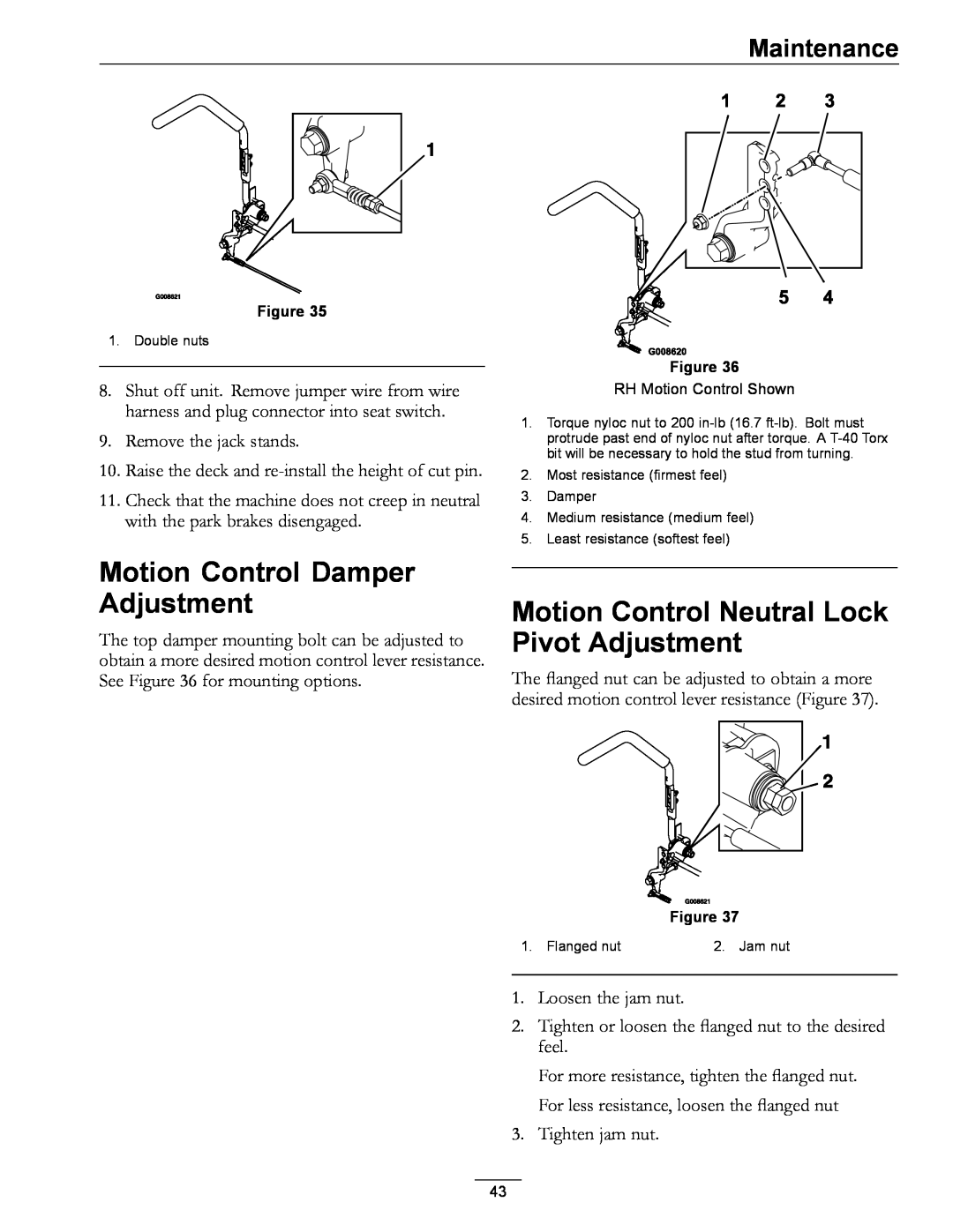 Exmark 312, 000 & higher manual Motion Control Damper Adjustment, Motion Control Neutral Lock Pivot Adjustment, Maintenance 