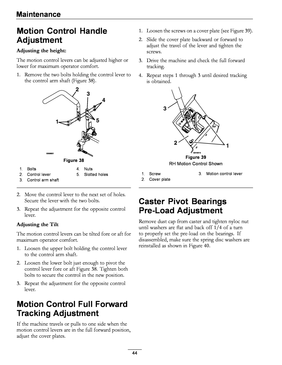 Exmark 000 & higher, 312 manual Motion Control Handle Adjustment, Caster Pivot Bearings Pre-LoadAdjustment, Maintenance 