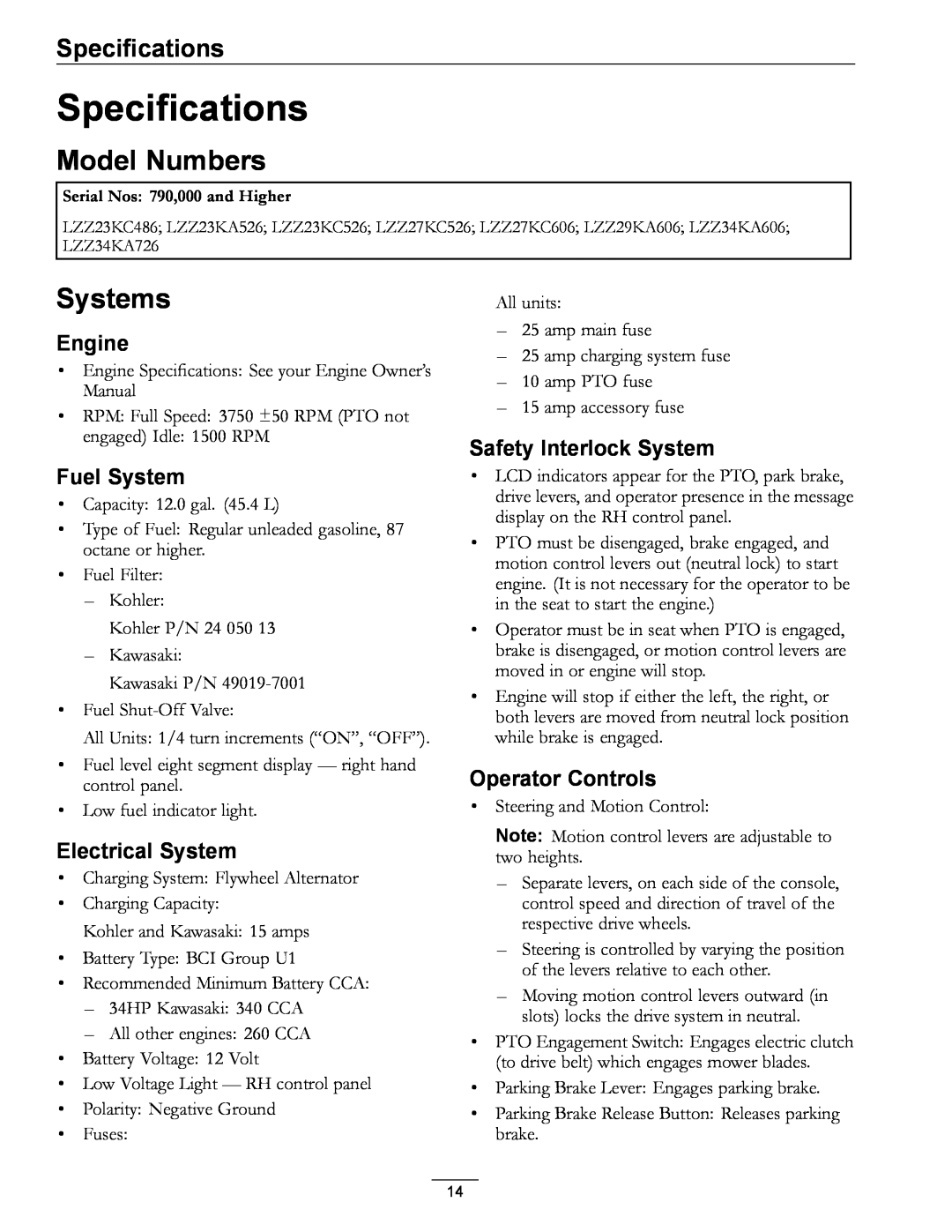 Exmark S/N 790 Specifications, Model Numbers, Systems, Engine, Fuel System, Electrical System, Safety Interlock System 