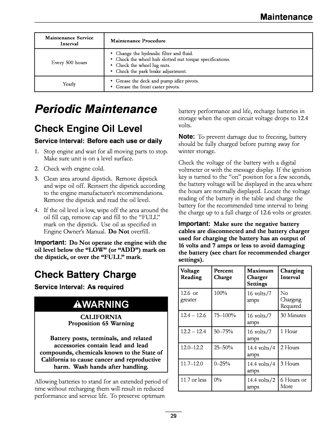 Exmark S/N 790, 4500-471 Periodic Maintenance, Check Engine Oil Level, Check Battery Charge, Service Interval As required 