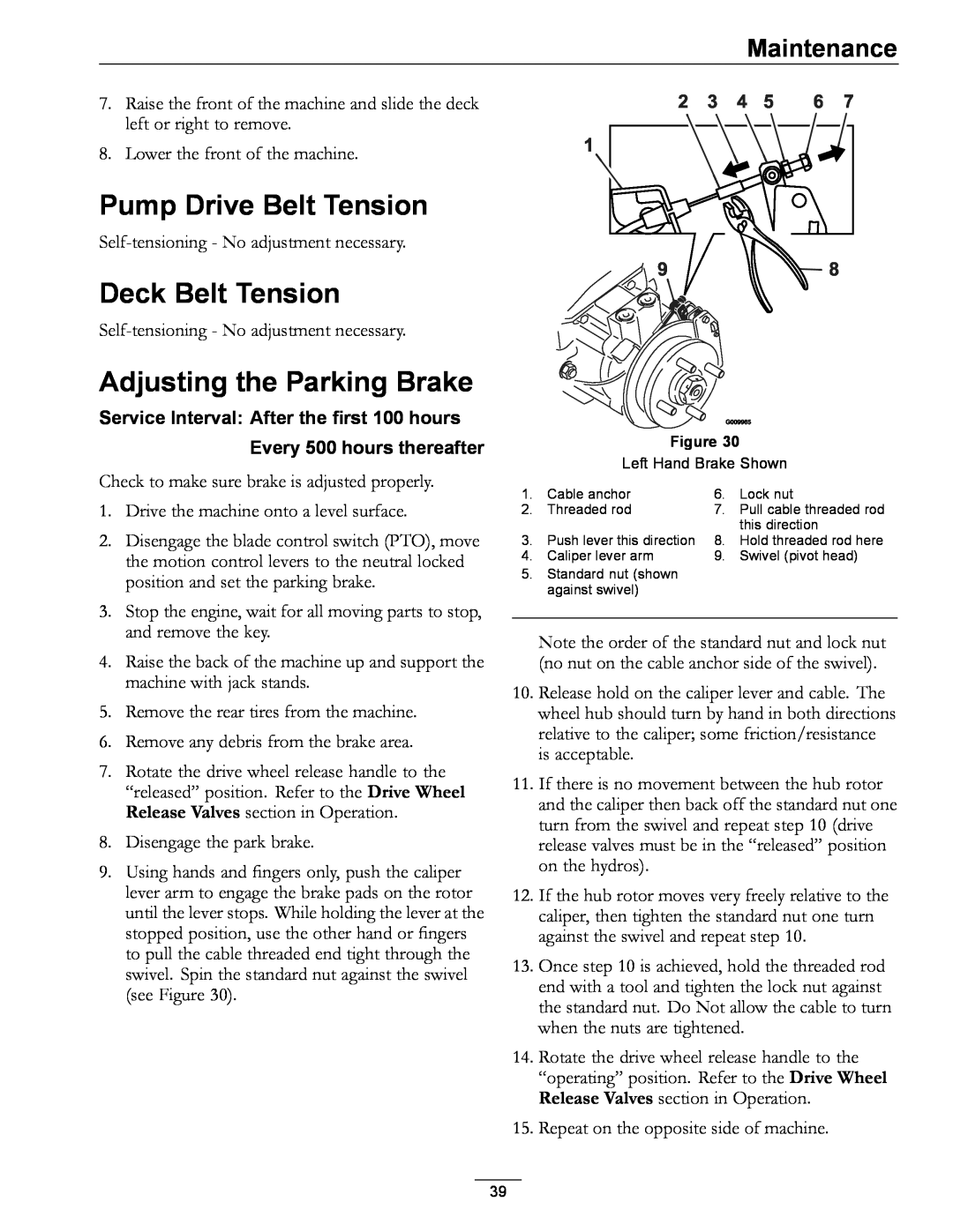 Exmark 000 & higher, 4500-471, S/N 790 Pump Drive Belt Tension, Deck Belt Tension, Adjusting the Parking Brake, Maintenance 