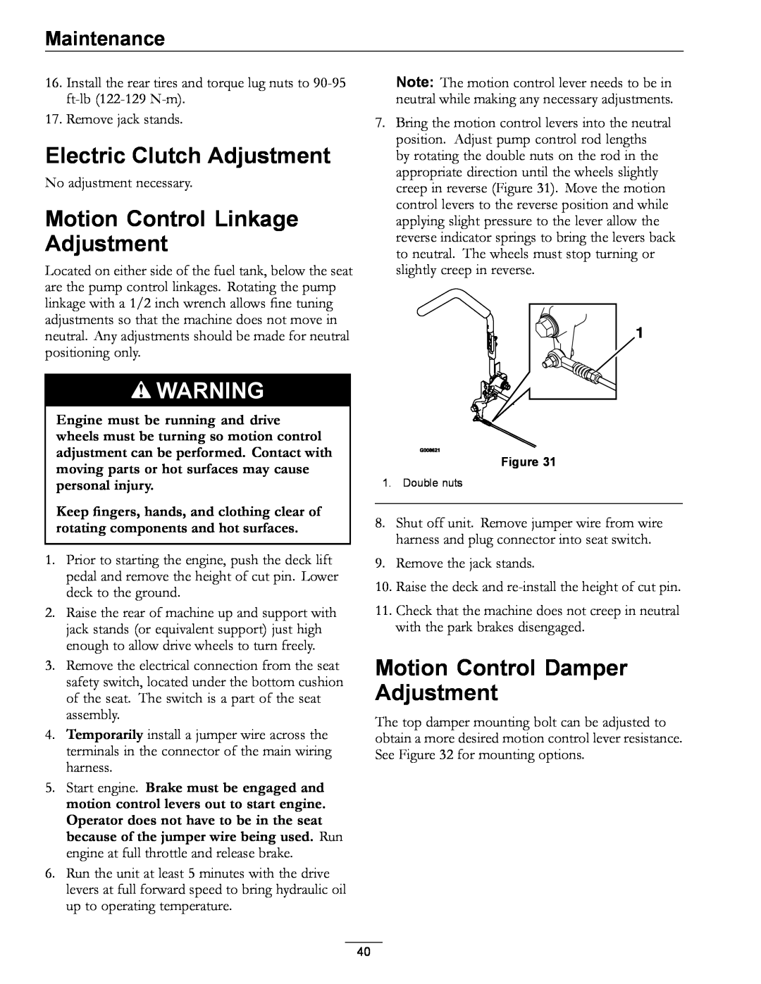 Exmark 4500-471, S/N 790 Electric Clutch Adjustment, Motion Control Linkage Adjustment, Motion Control Damper Adjustment 