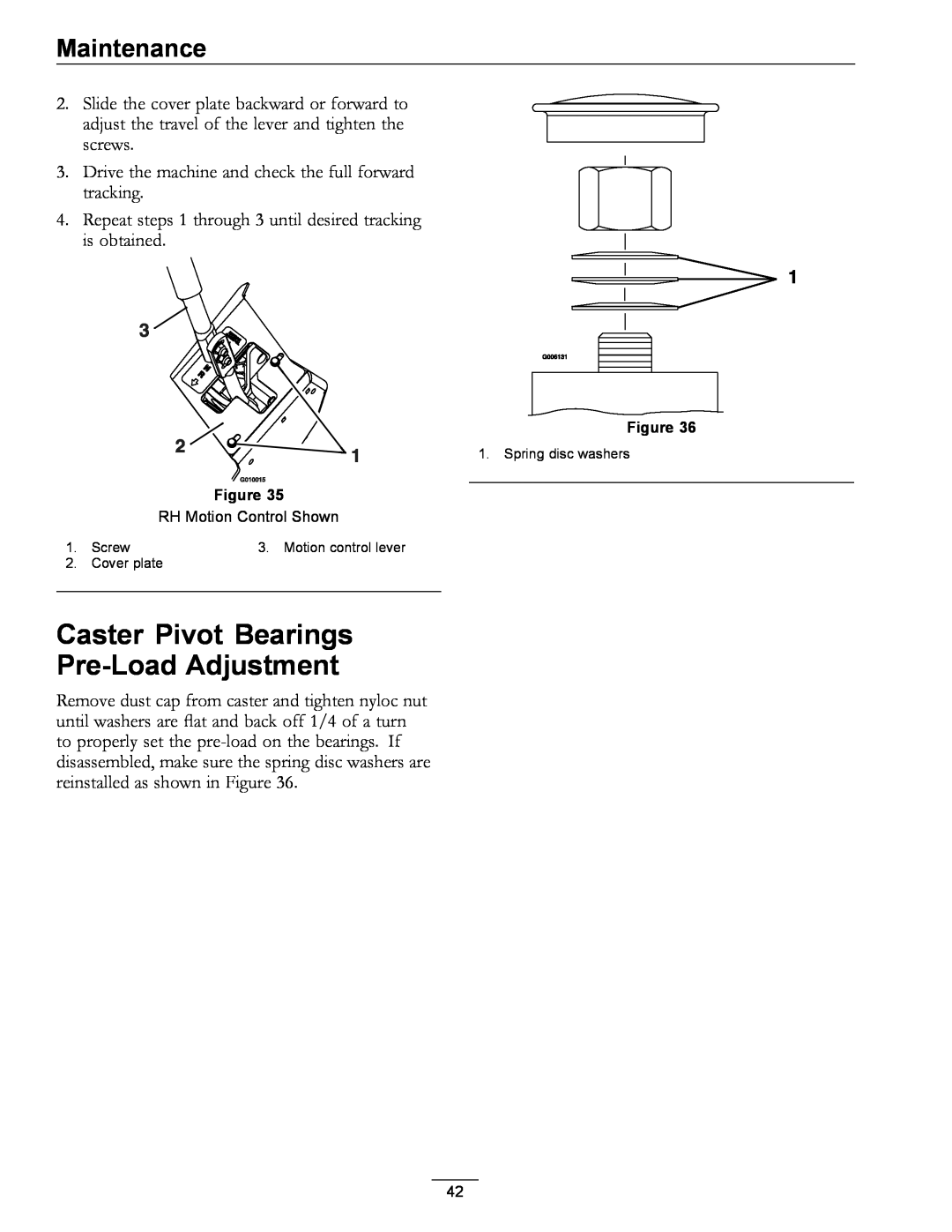 Exmark 000 & higher, 4500-471, S/N 790 manual Caster Pivot Bearings Pre-LoadAdjustment, Maintenance, RH Motion Control Shown 