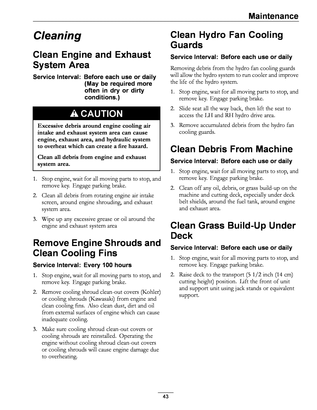 Exmark 4500-471 Cleaning, Clean Engine and Exhaust System Area, Remove Engine Shrouds and Clean Cooling Fins, Maintenance 