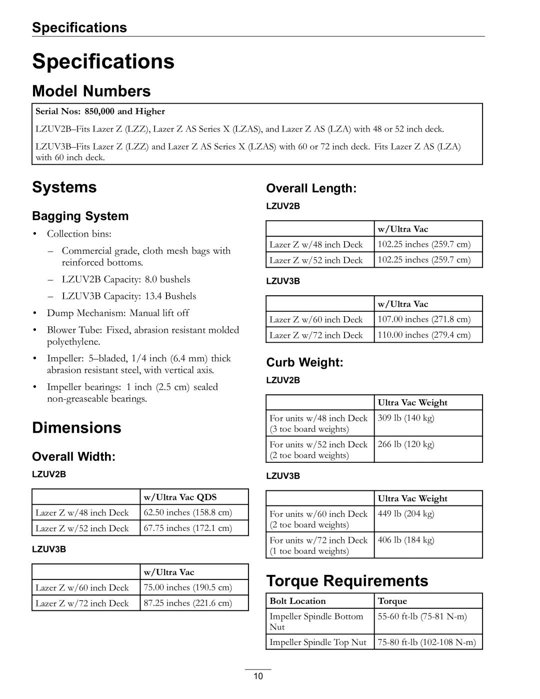 Exmark 000 & higher, 850 manual Specifications, Model Numbers, Systems, Dimensions, Torque Requirements 