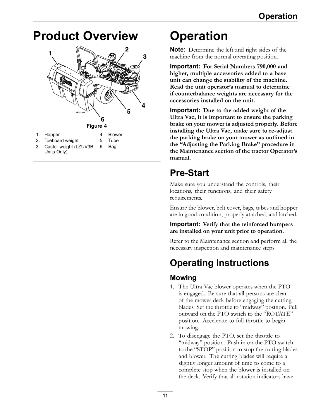 Exmark 850, 000 & higher manual Product Overview, Operation, Pre-Start, Operating Instructions, Mowing 