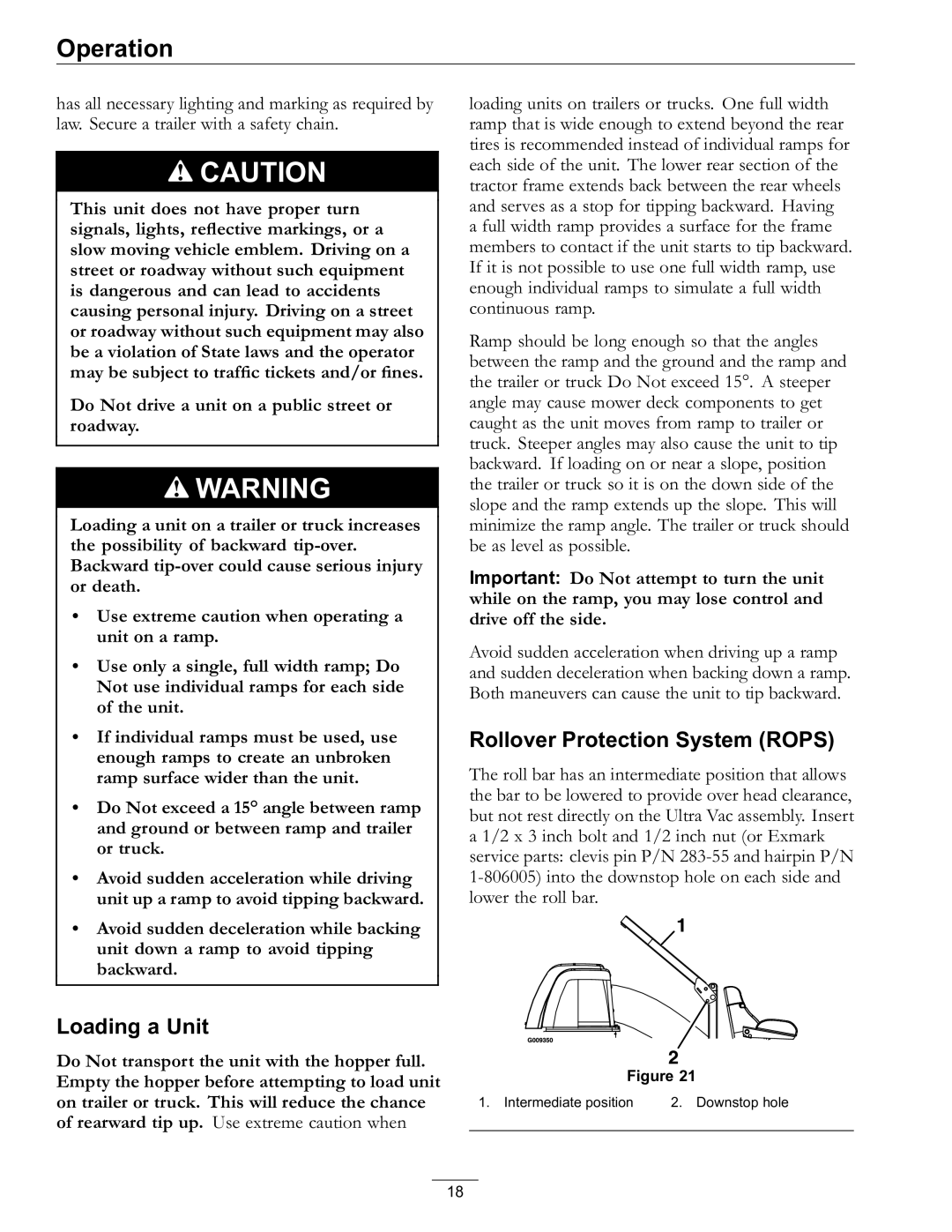 Exmark 000 & higher, 850 manual Loading a Unit, Rollover Protection System Rops 