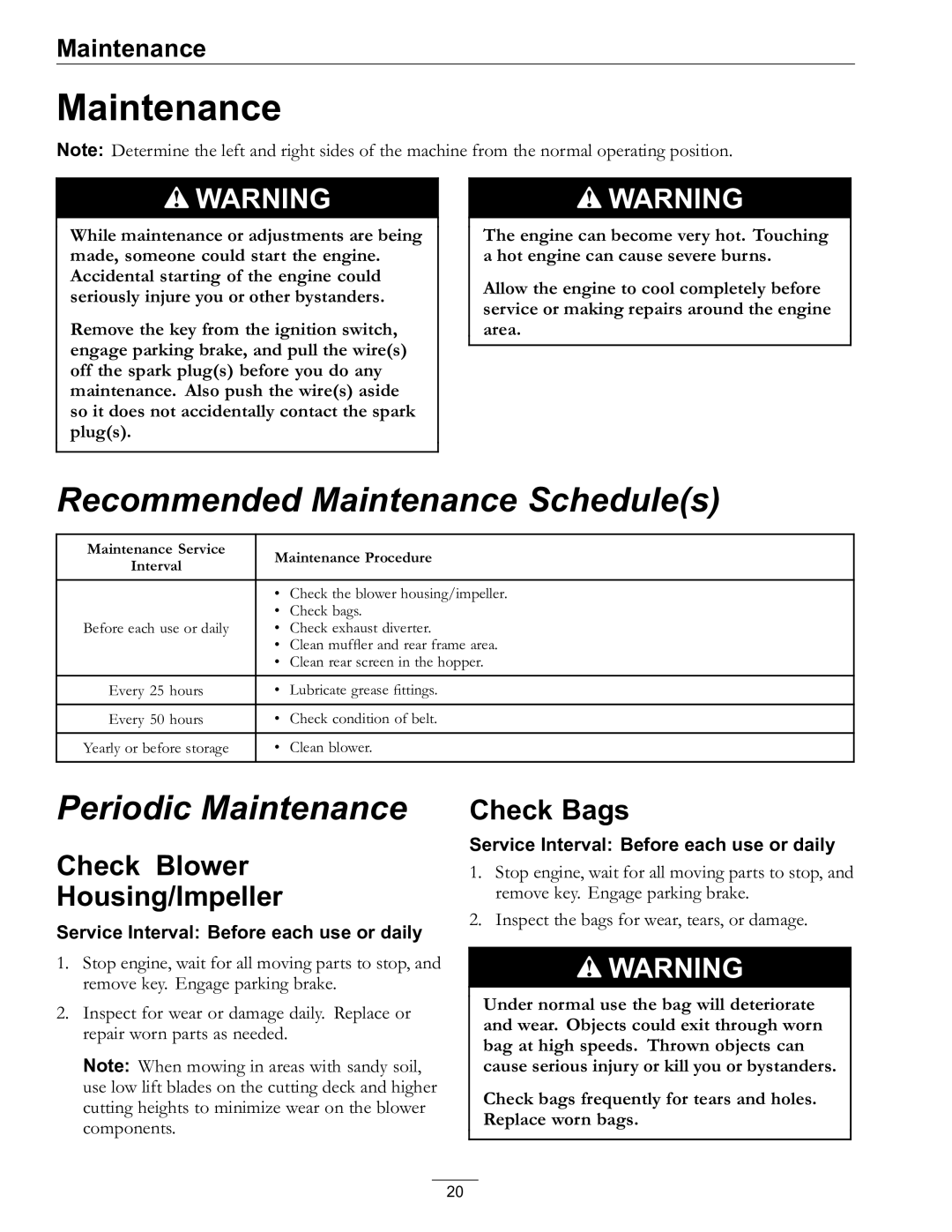 Exmark 000 & higher, 850 manual Maintenance, Check Blower Housing/Impeller, Check Bags 