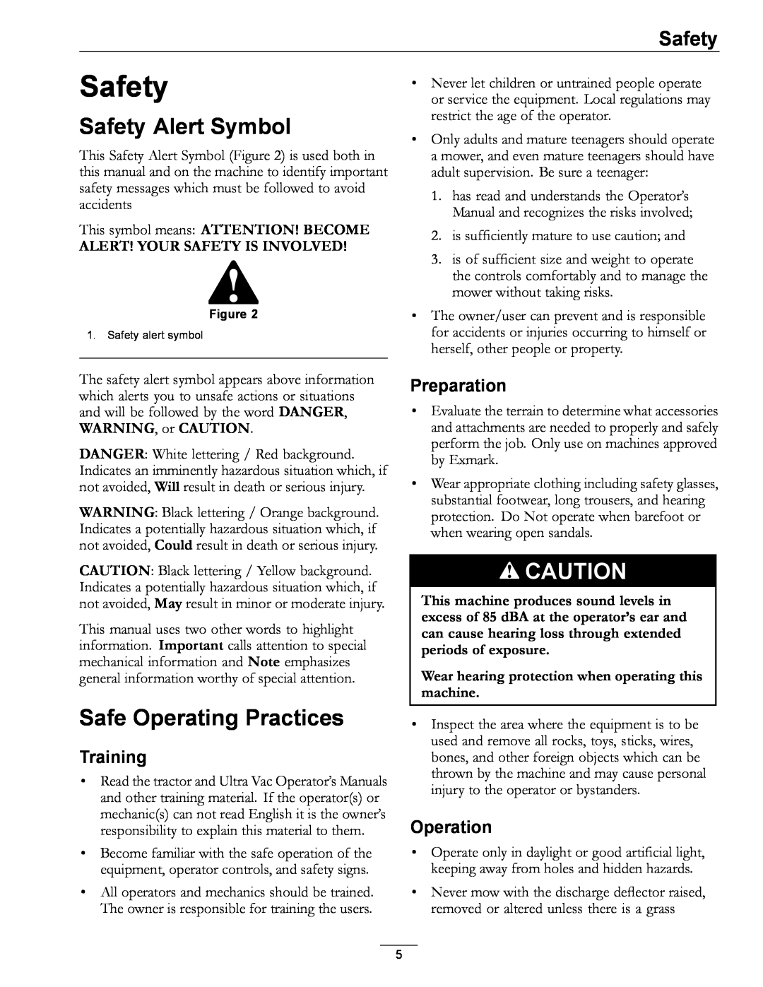 Exmark 850, 000 & higher manual Safety Alert Symbol, Safe Operating Practices, Training, Preparation, Operation 