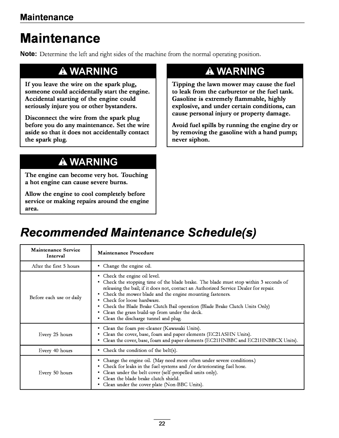 Exmark 000 & higher, 850 manual Recommended Maintenance Schedules 