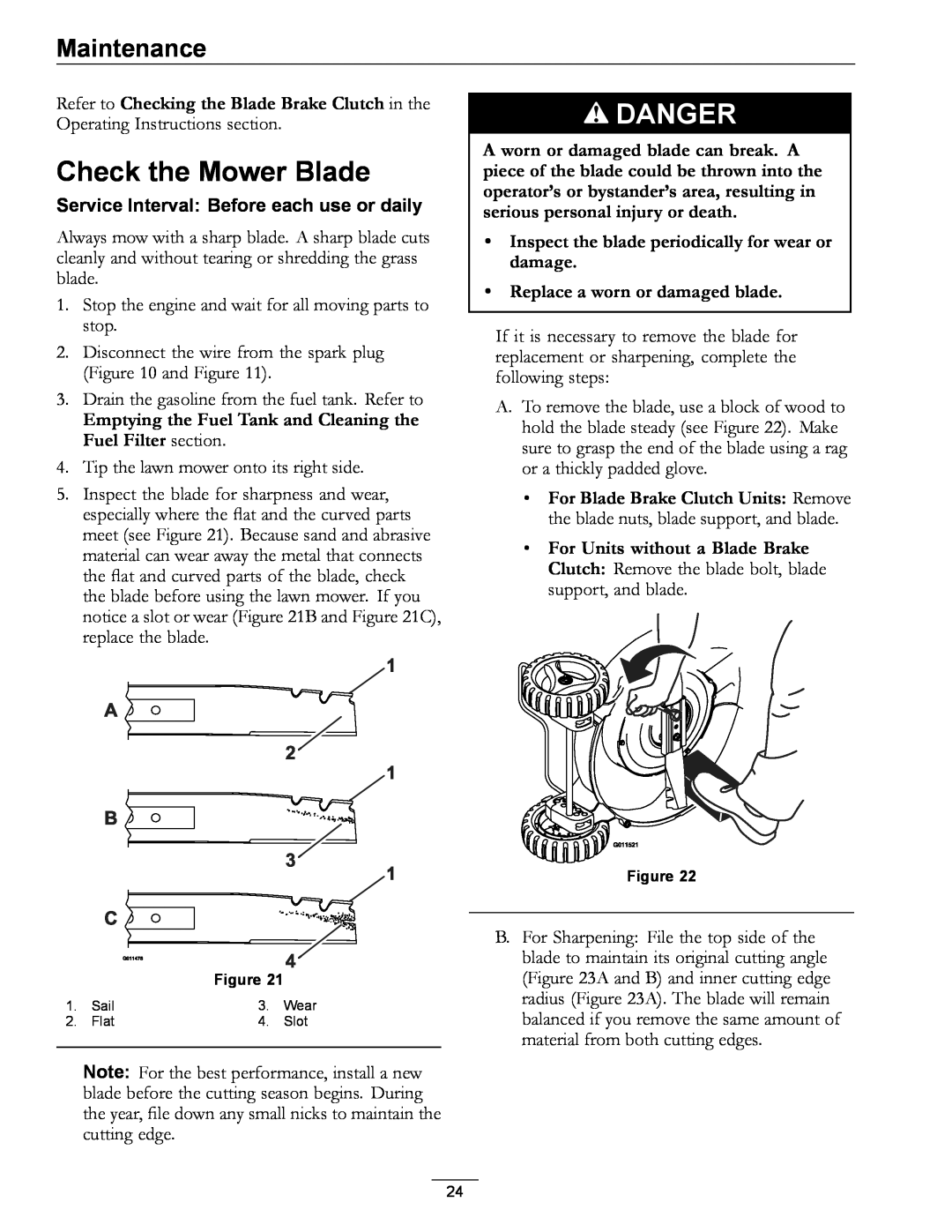 Exmark 000 & higher, 850 manual Check the Mower Blade, Danger, Maintenance 
