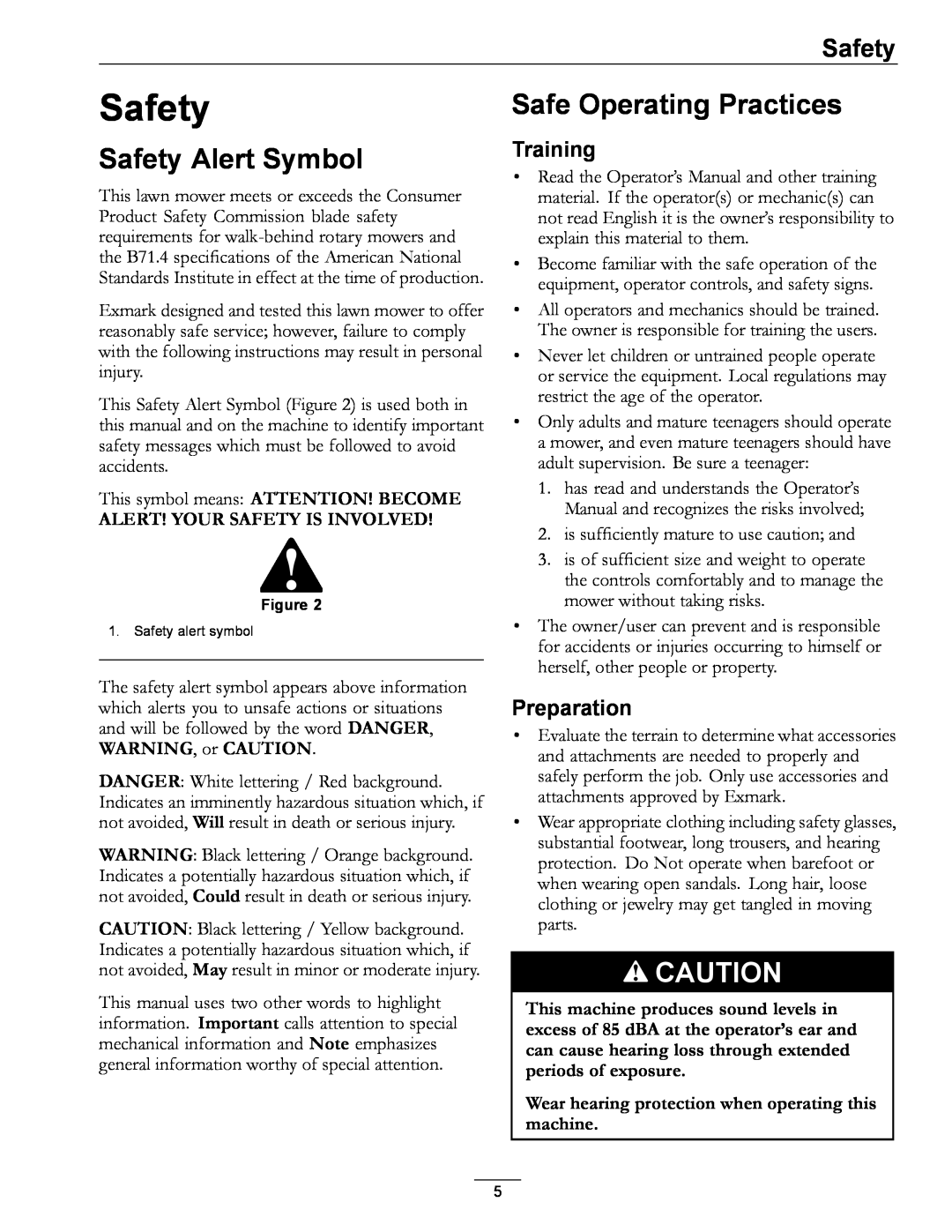 Exmark 850, 000 & higher manual Safety Alert Symbol, Safe Operating Practices, Training, Preparation 