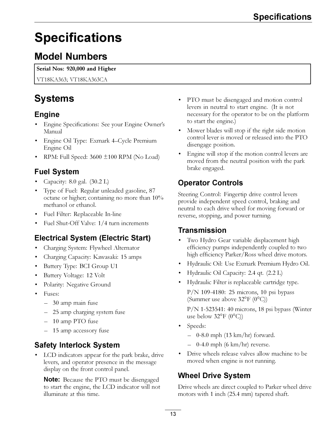 Exmark 920, 000 & higher manual Specifications, Model Numbers, Systems 