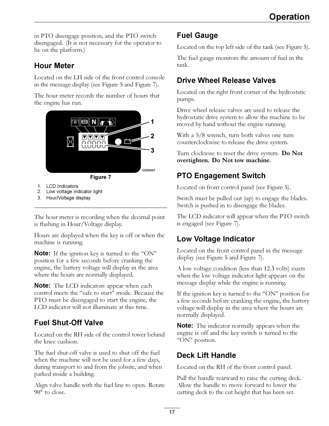 Exmark 920, 000 & higher Hour Meter, Fuel Shut-Off Valve, Fuel Gauge, Drive Wheel Release Valves, PTO Engagement Switch 