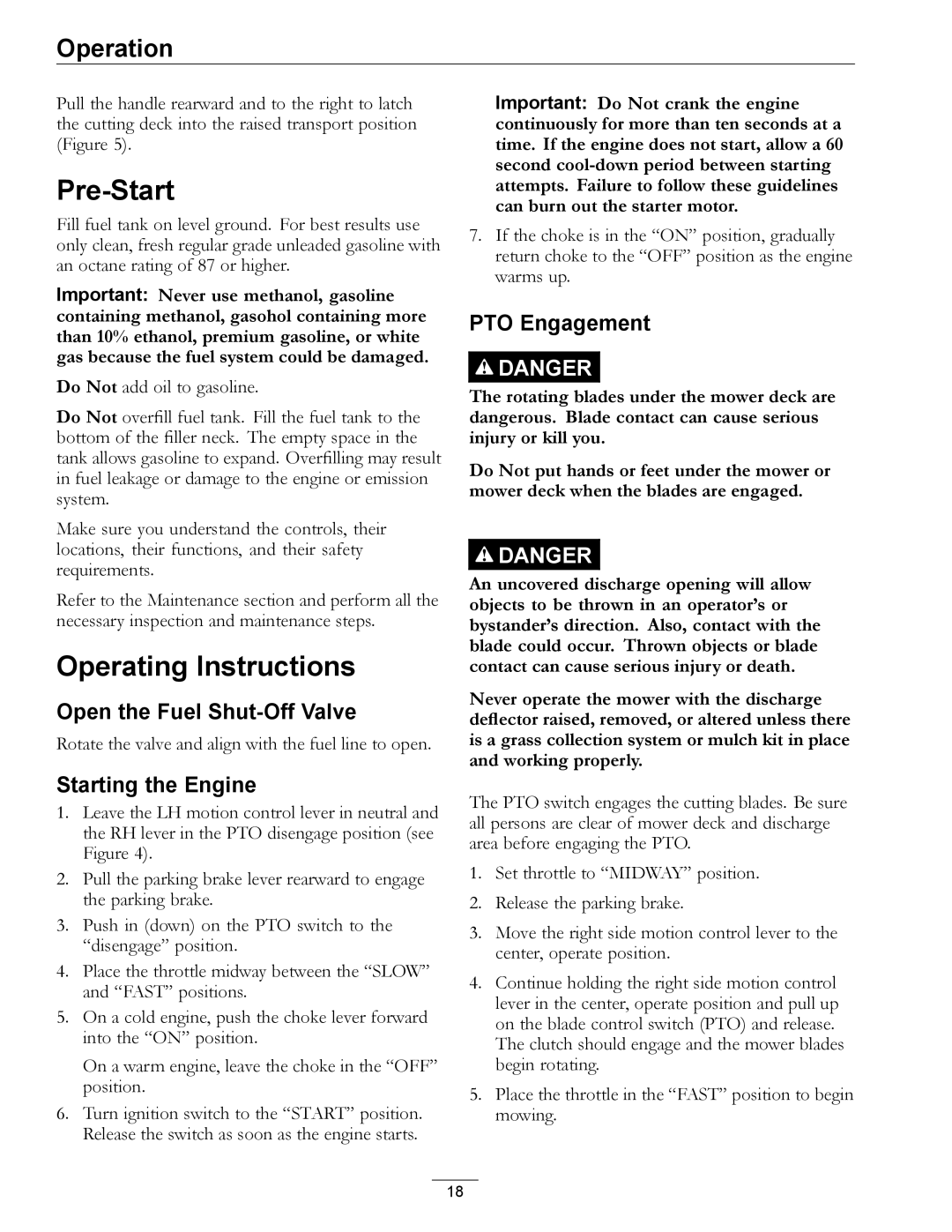 Exmark 000 & higher Pre-Start, Operating Instructions, Open the Fuel Shut-Off Valve, Starting the Engine, PTO Engagement 