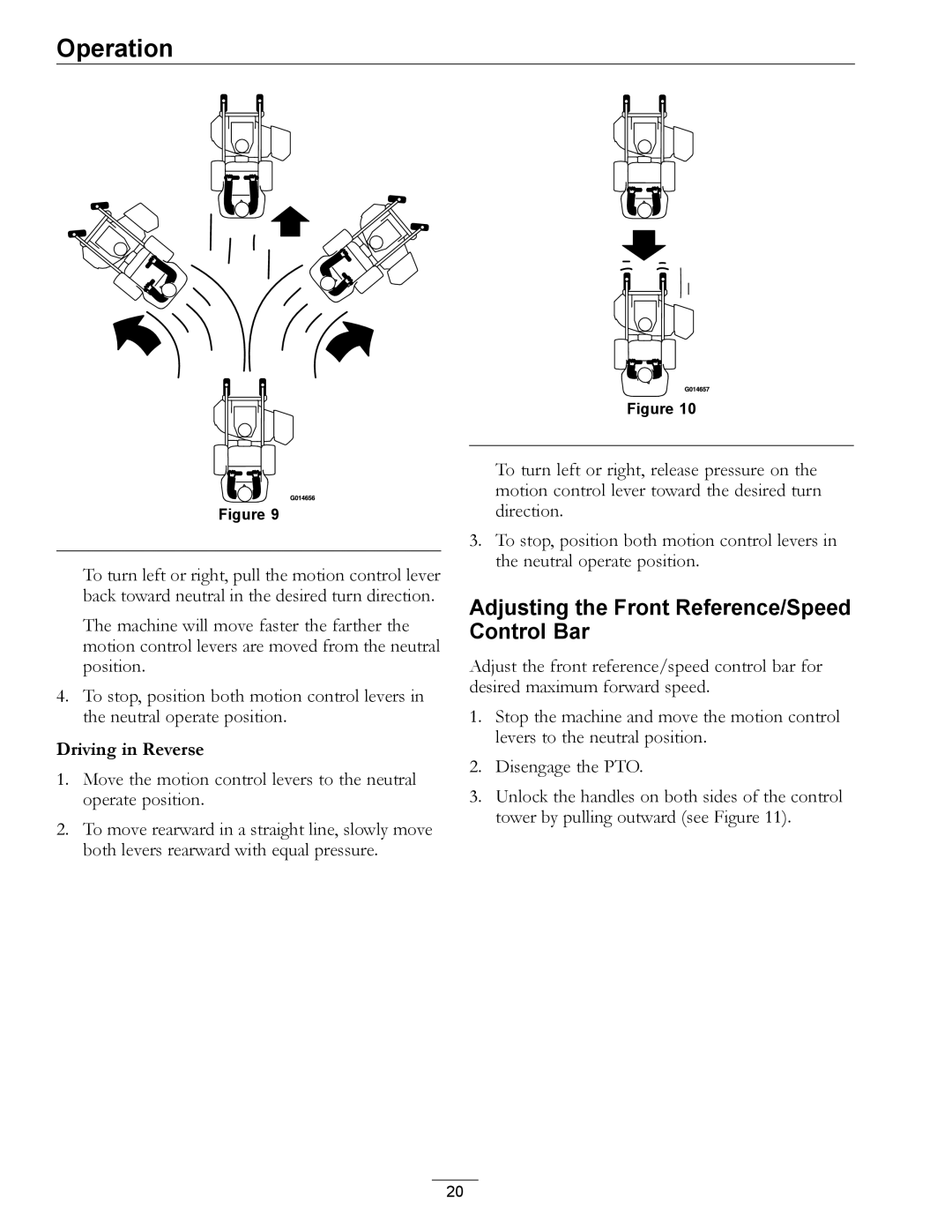 Exmark 000 & higher, 920 manual Adjusting the Front Reference/Speed Control Bar, Driving in Reverse 