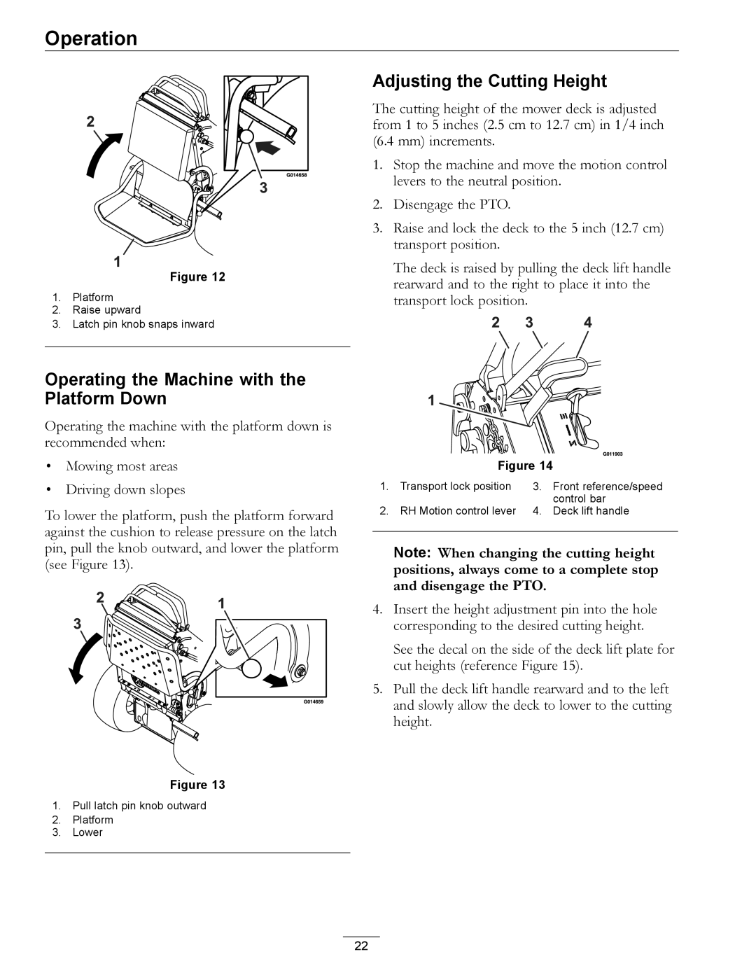 Exmark 000 & higher, 920 manual Adjusting the Cutting Height, Operating the Machine with the Platform Down 