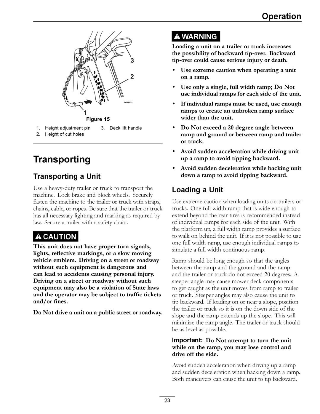 Exmark 920, 000 & higher manual Transporting a Unit, Loading a Unit 