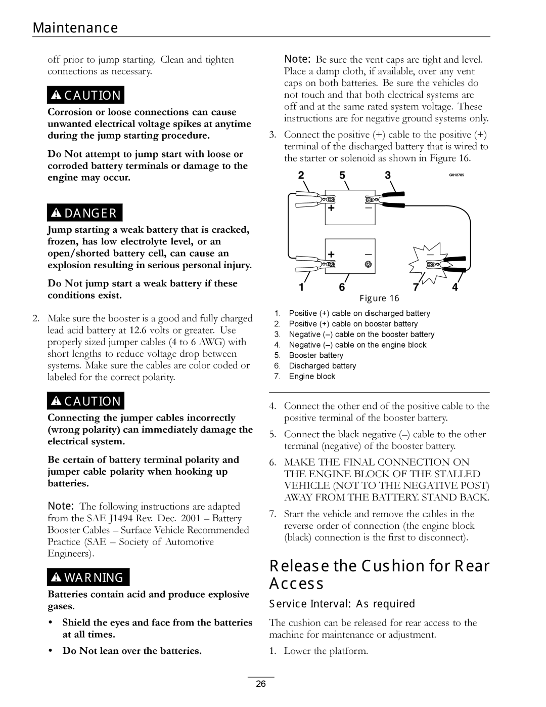 Exmark 000 & higher, 920 Release the Cushion for Rear Access, Do Not jump start a weak battery if these conditions exist 