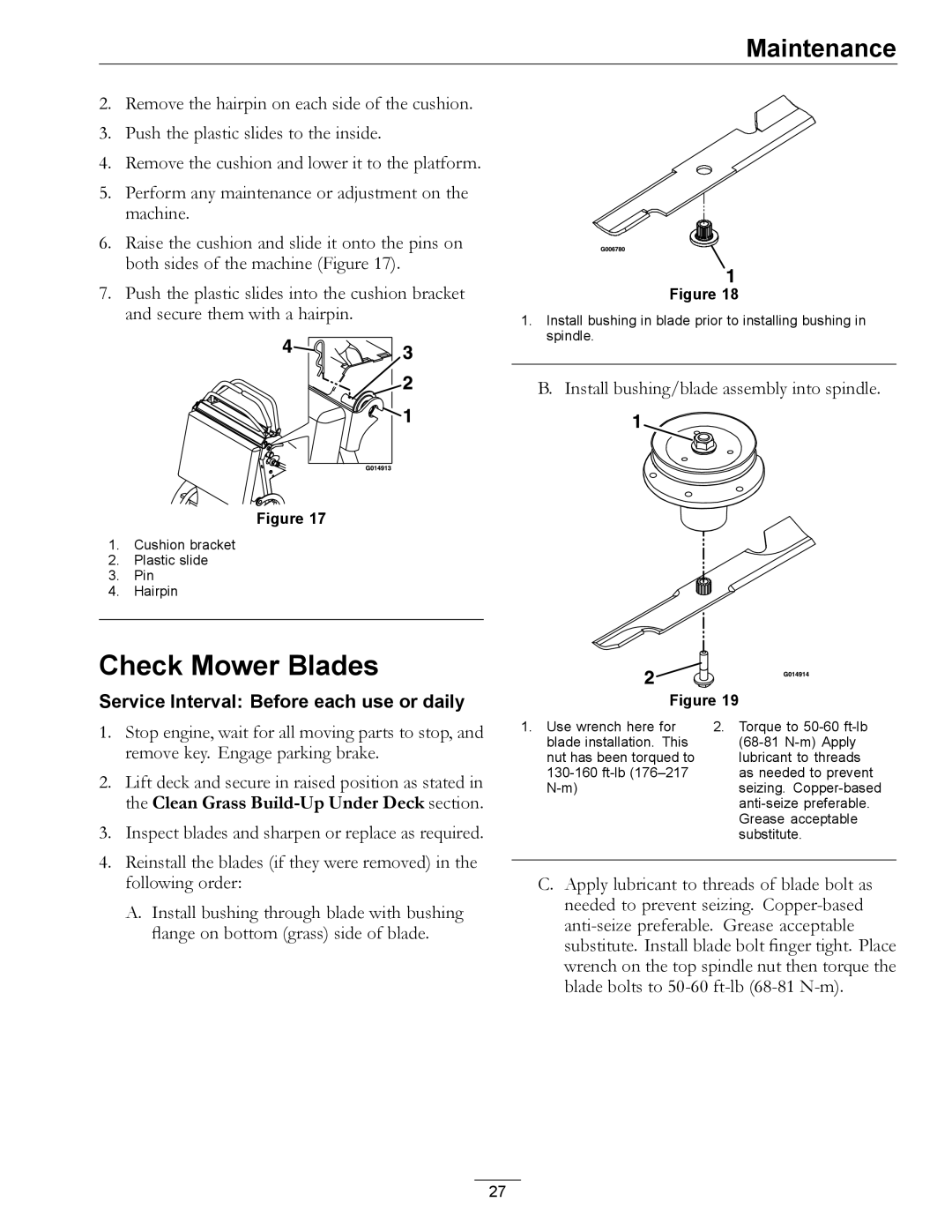 Exmark 920, 000 & higher manual Check Mower Blades, Remove key. Engage parking brake 