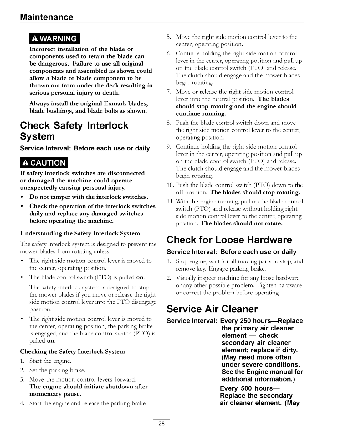 Exmark 000 & higher, 920 manual Check Safety Interlock System, Check for Loose Hardware, Service Air Cleaner 