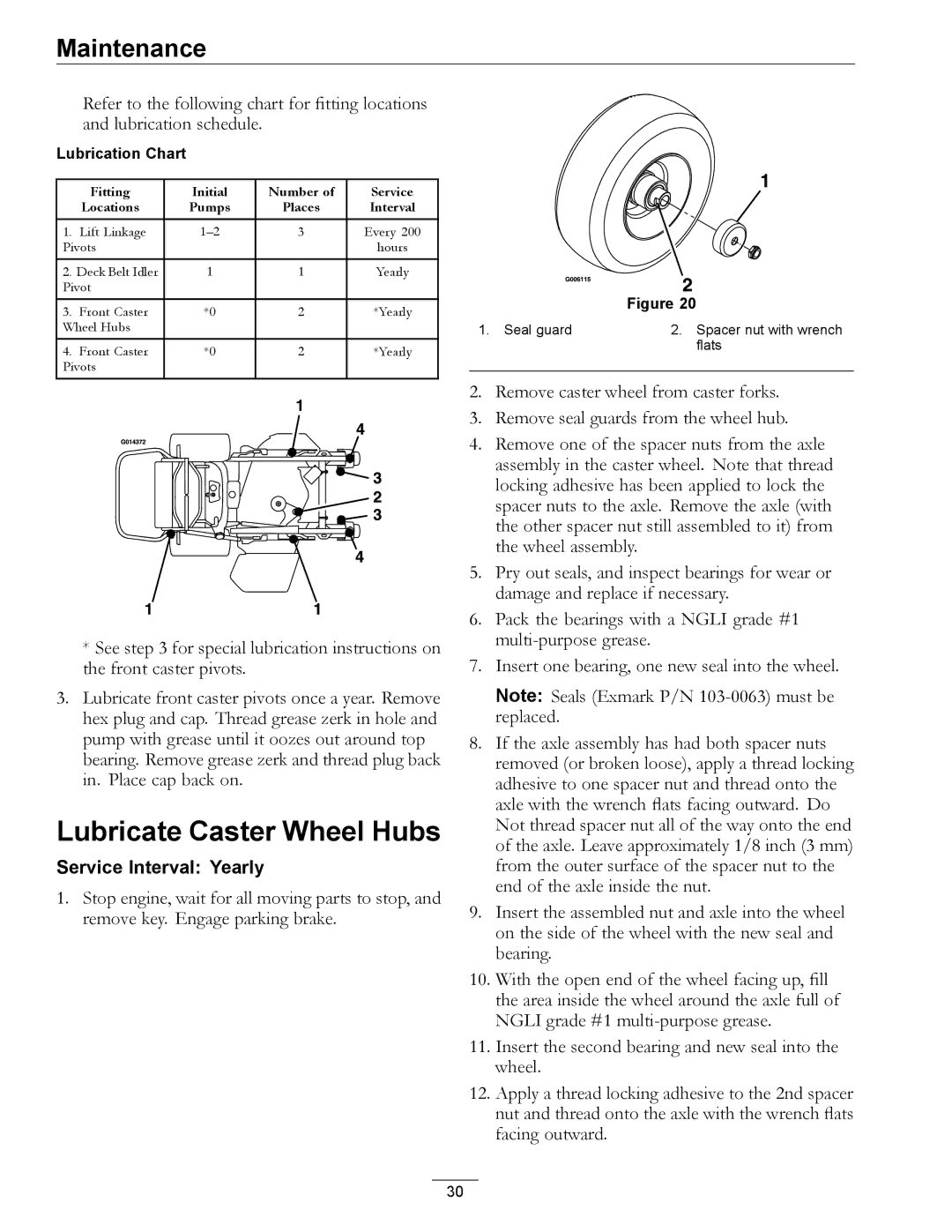 Exmark 000 & higher, 920 manual Lubricate Caster Wheel Hubs, Lubrication Chart 