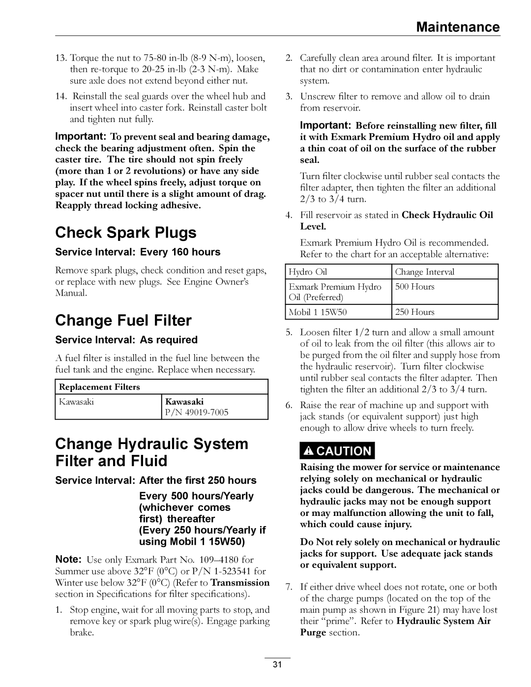 Exmark 920, 000 & higher manual Check Spark Plugs, Change Fuel Filter, Change Hydraulic System Filter and Fluid, Level 