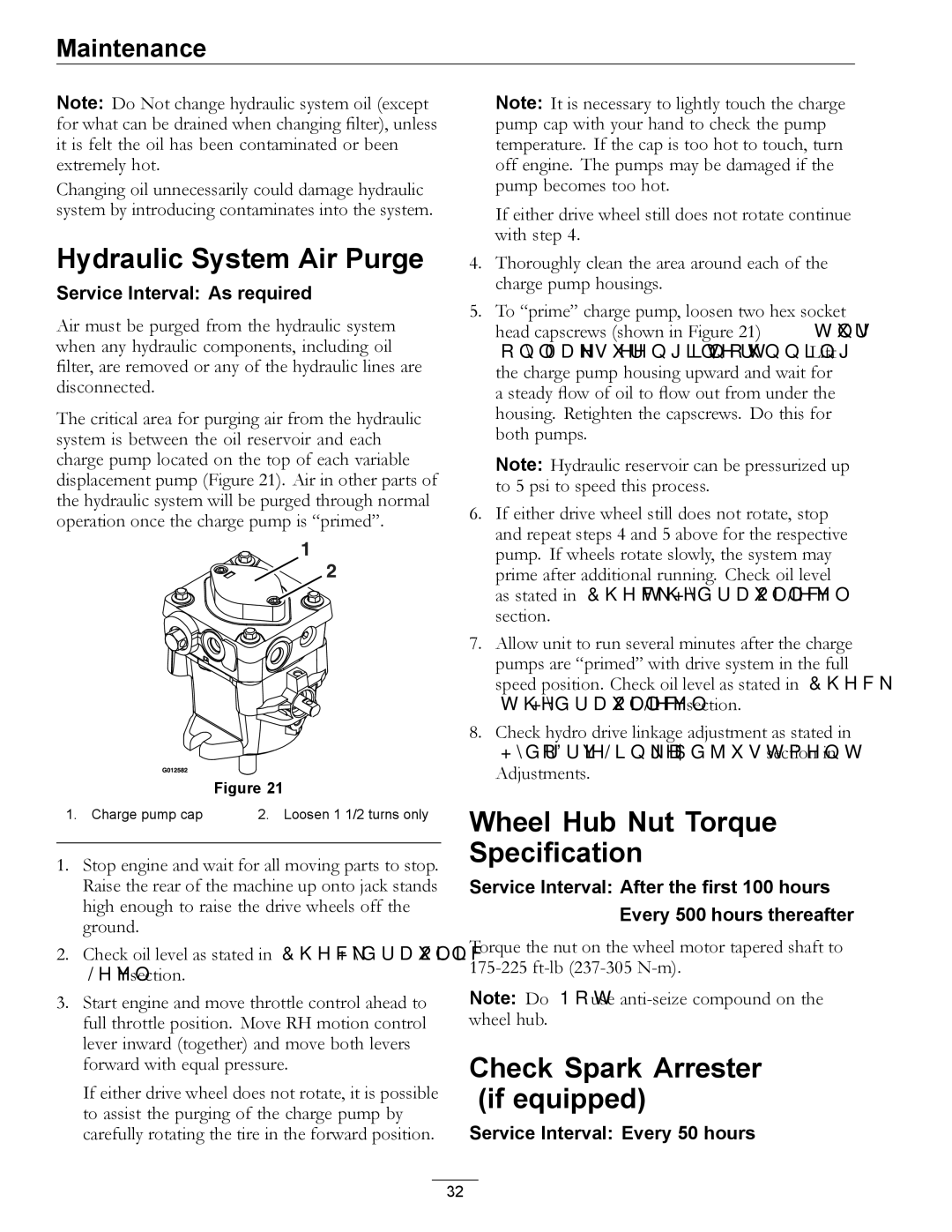 Exmark 000 & higher, 920 Hydraulic System Air Purge, Wheel Hub Nut Torque Specification, Check Spark Arrester if equipped 