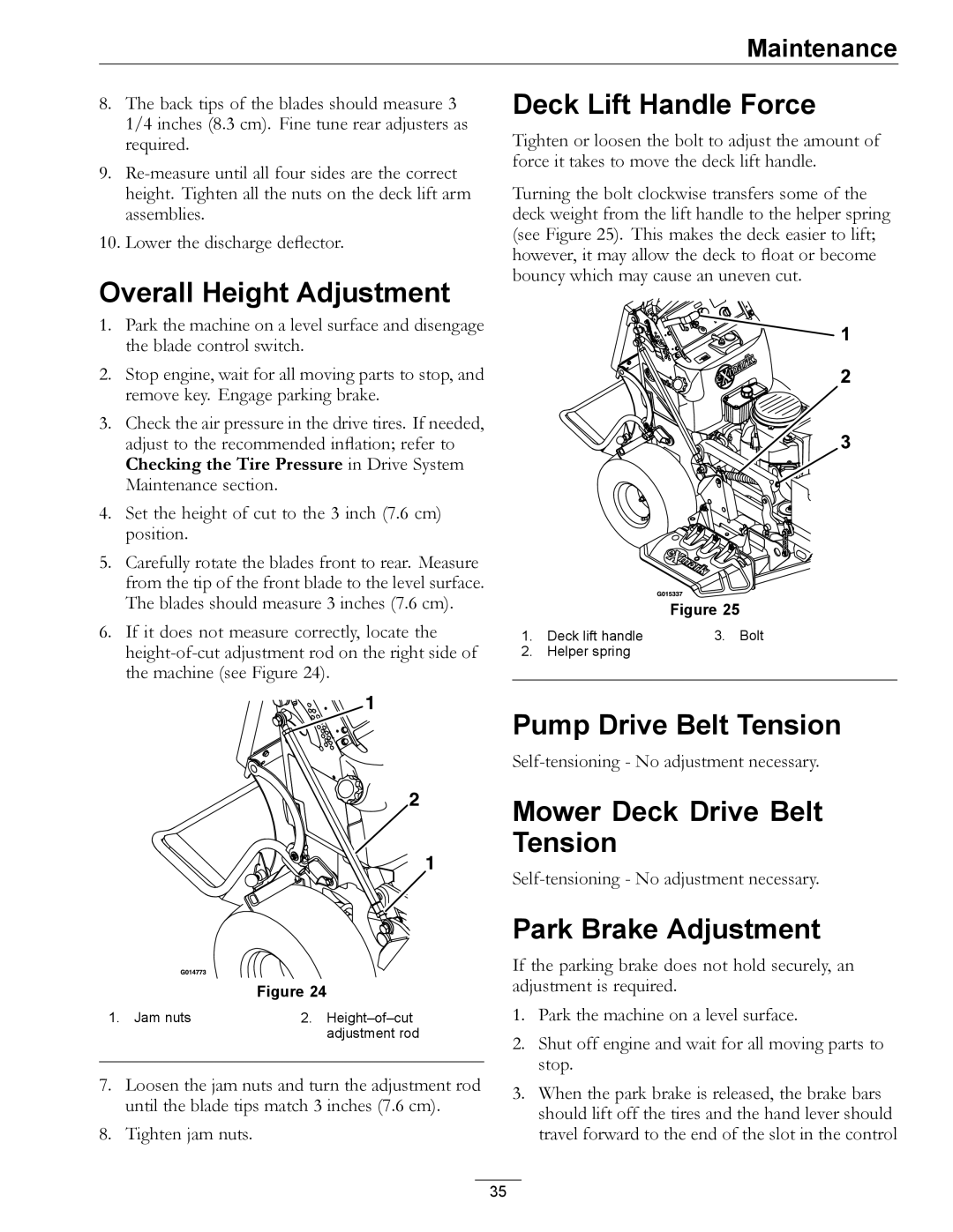 Exmark 920 manual Overall Height Adjustment, Deck Lift Handle Force, Pump Drive Belt Tension, Mower Deck Drive Belt Tension 