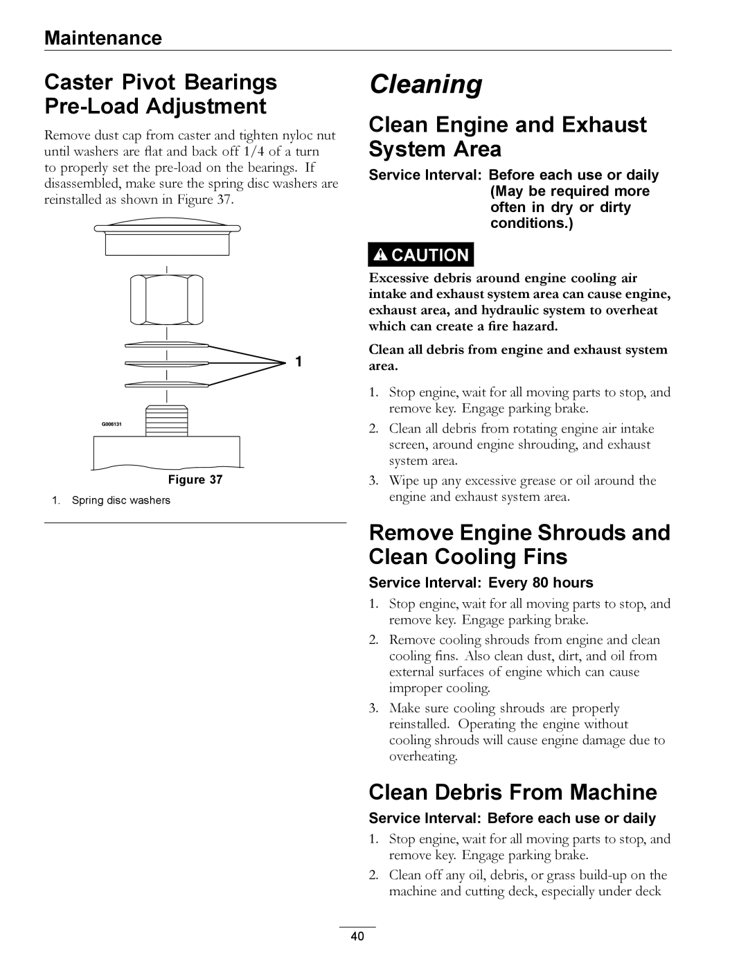 Exmark 000 & higher, 920 manual Caster Pivot Bearings Pre-Load Adjustment, Clean Engine and Exhaust System Area 