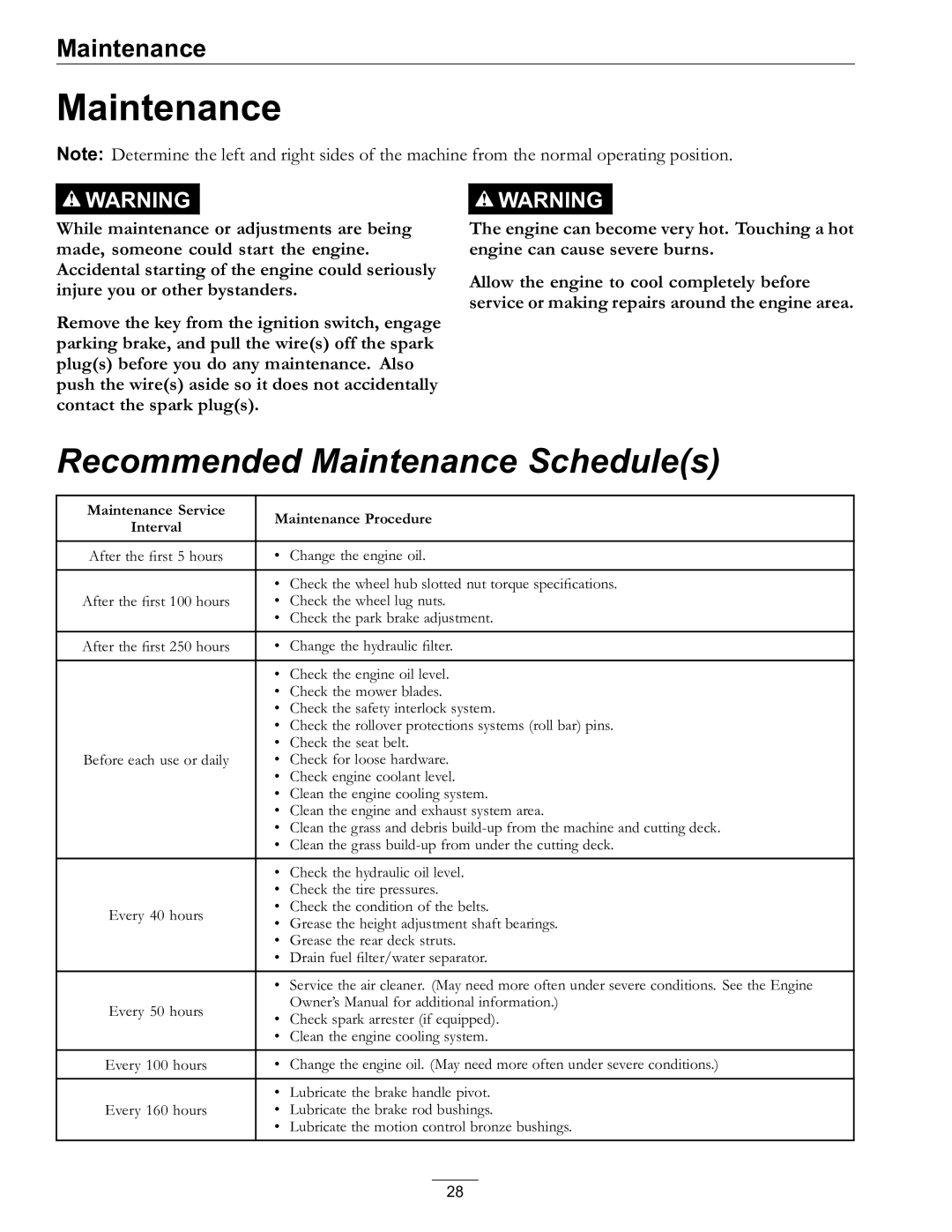 Exmark 000 & higher, 920 manual Recommended Maintenance Schedules 