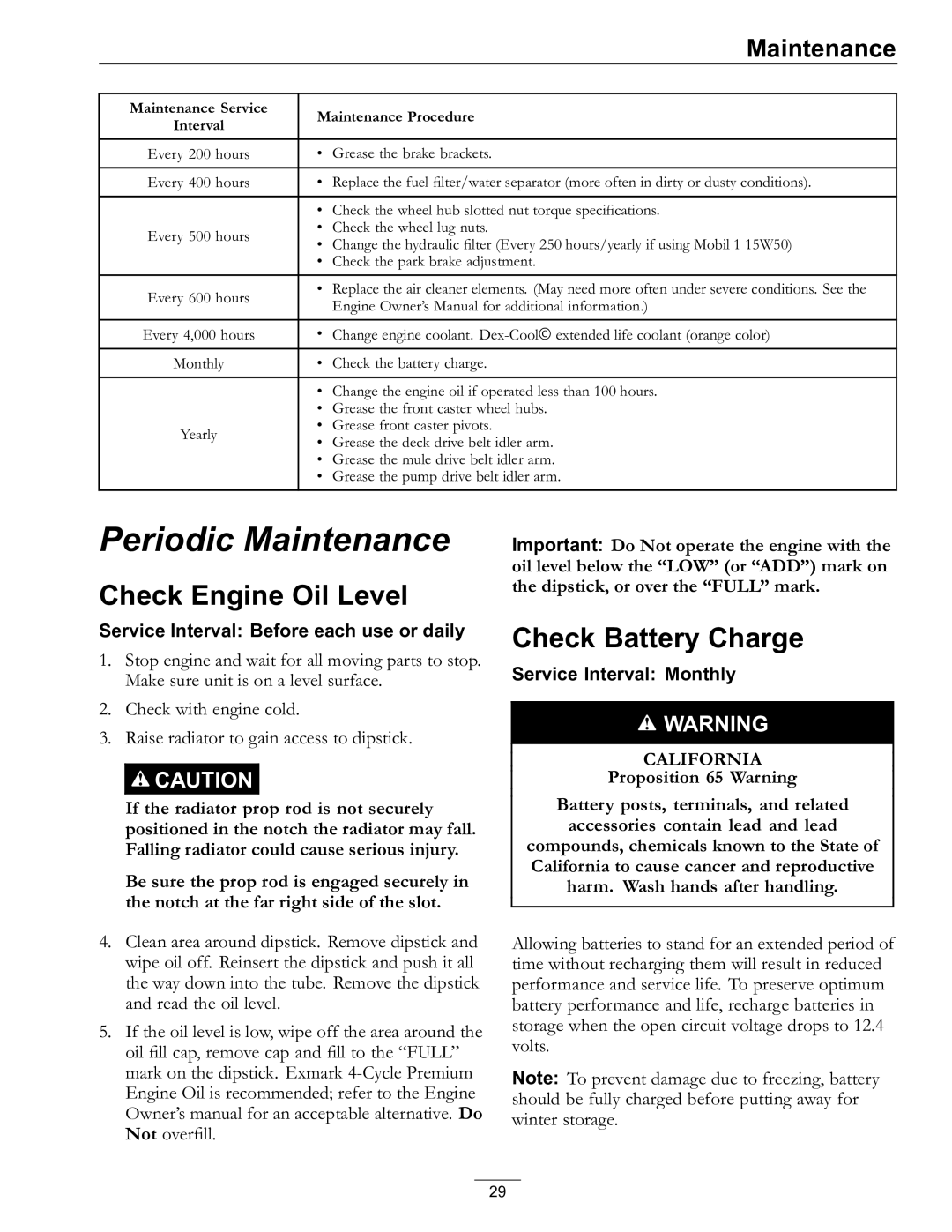 Exmark 920, 000 & higher manual Check Engine Oil Level, Check Battery Charge 