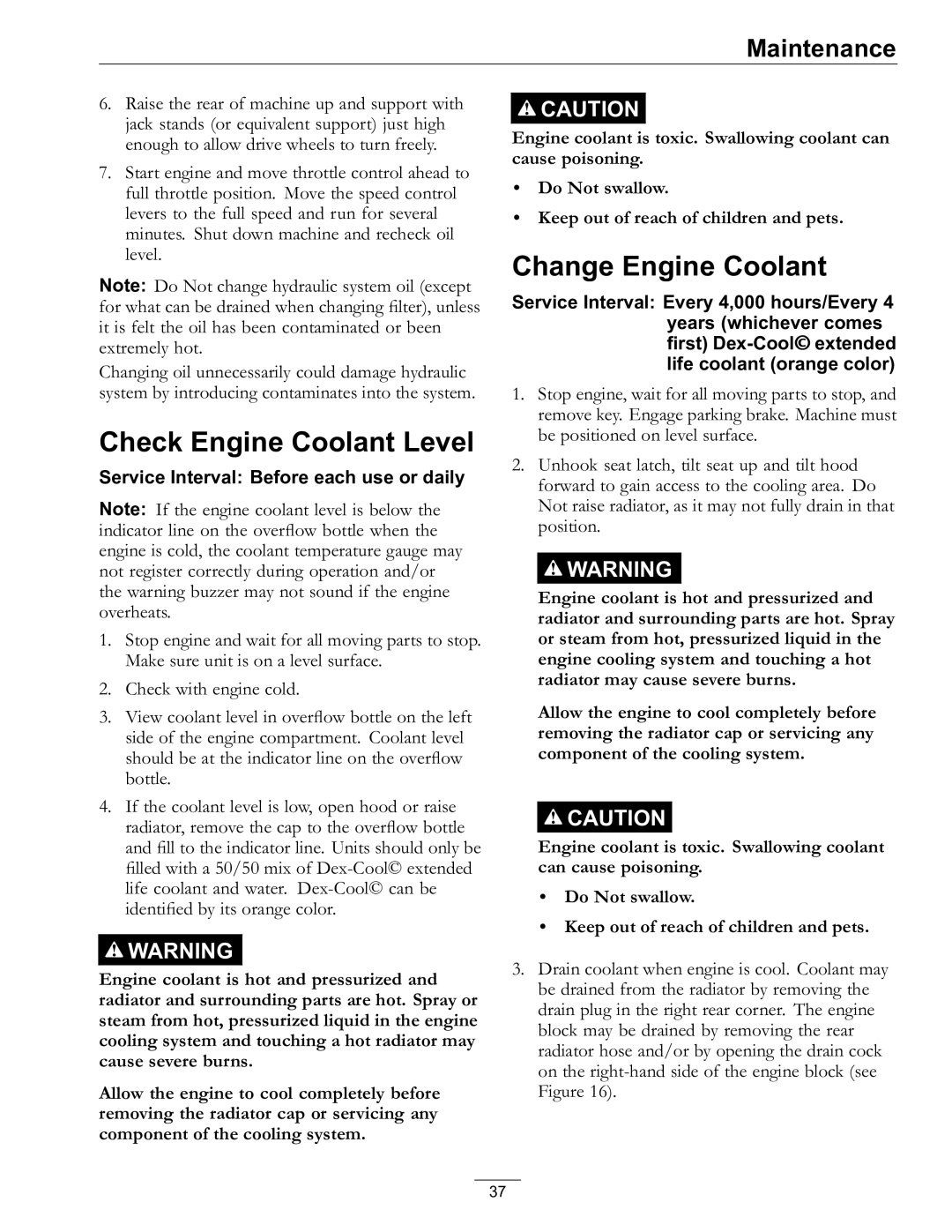 Exmark 920, 000 & higher manual Check Engine Coolant Level, Change Engine Coolant 