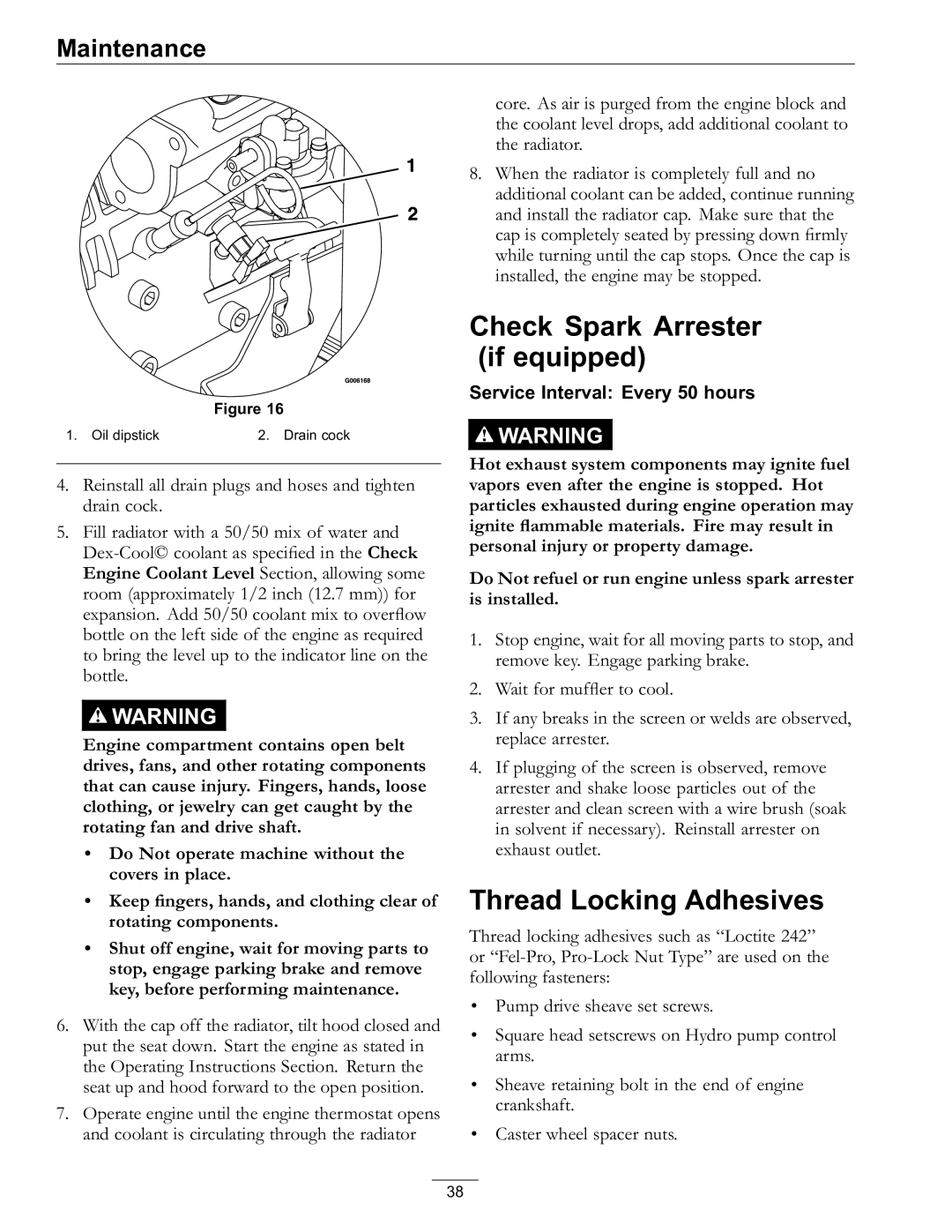 Exmark 000 & higher, 920 manual Check Spark Arrester if equipped, Thread Locking Adhesives 