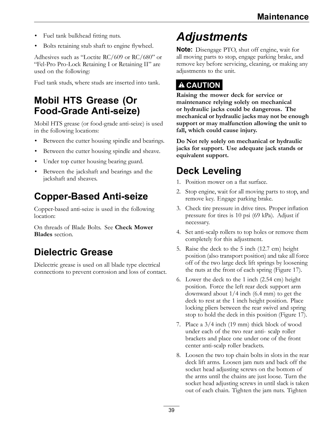 Exmark 920 manual Mobil HTS Grease Or Food-Grade Anti-seize, Copper-Based Anti-seize, Dielectric Grease, Deck Leveling 