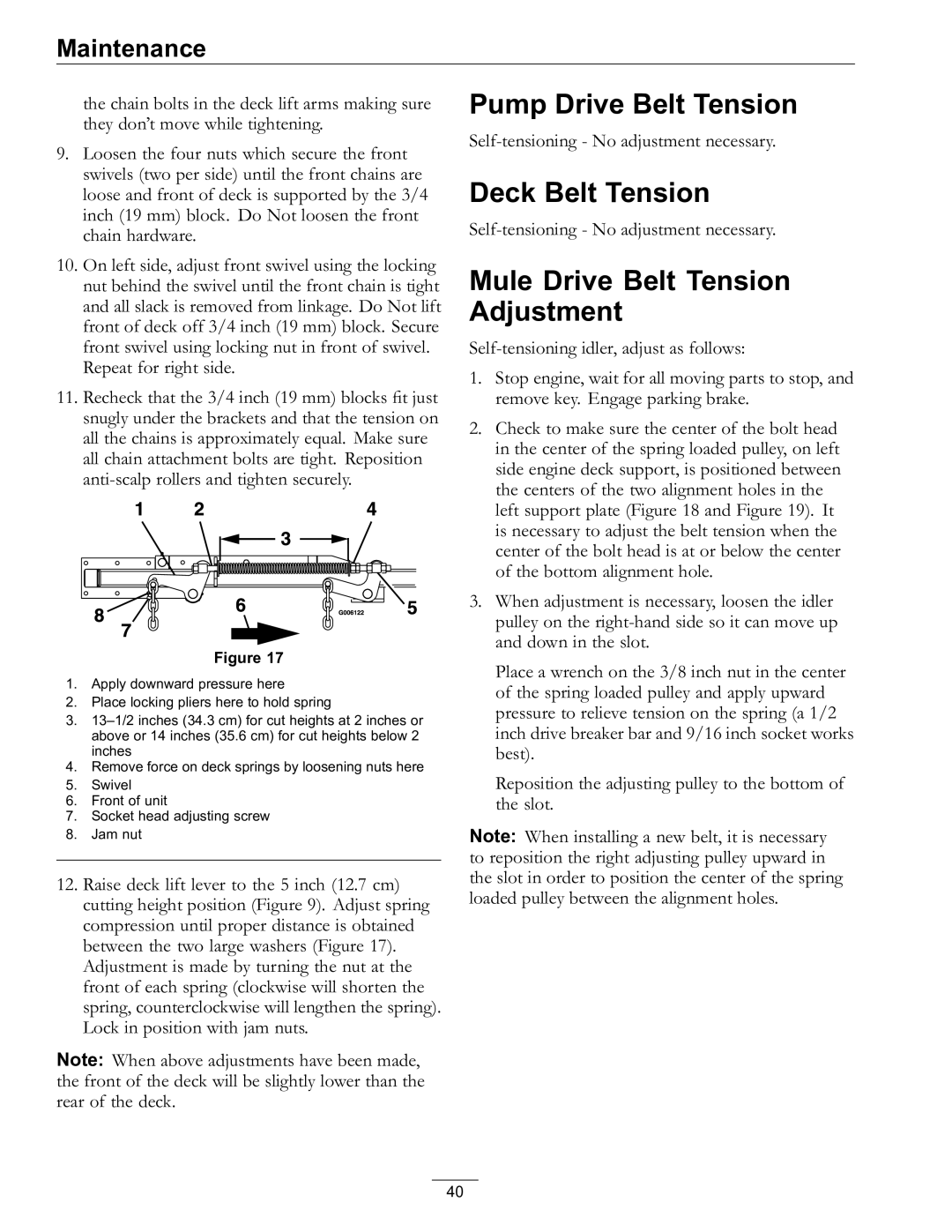 Exmark 000 & higher, 920 manual Pump Drive Belt Tension, Deck Belt Tension, Mule Drive Belt Tension Adjustment 