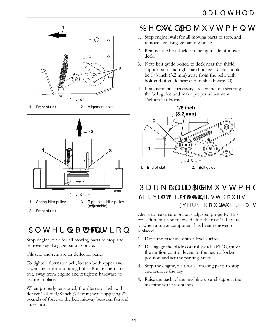 Exmark 920, 000 & higher manual Belt Guide Adjustment, Alternator Belt Tension, Parking Brake Adjustment 