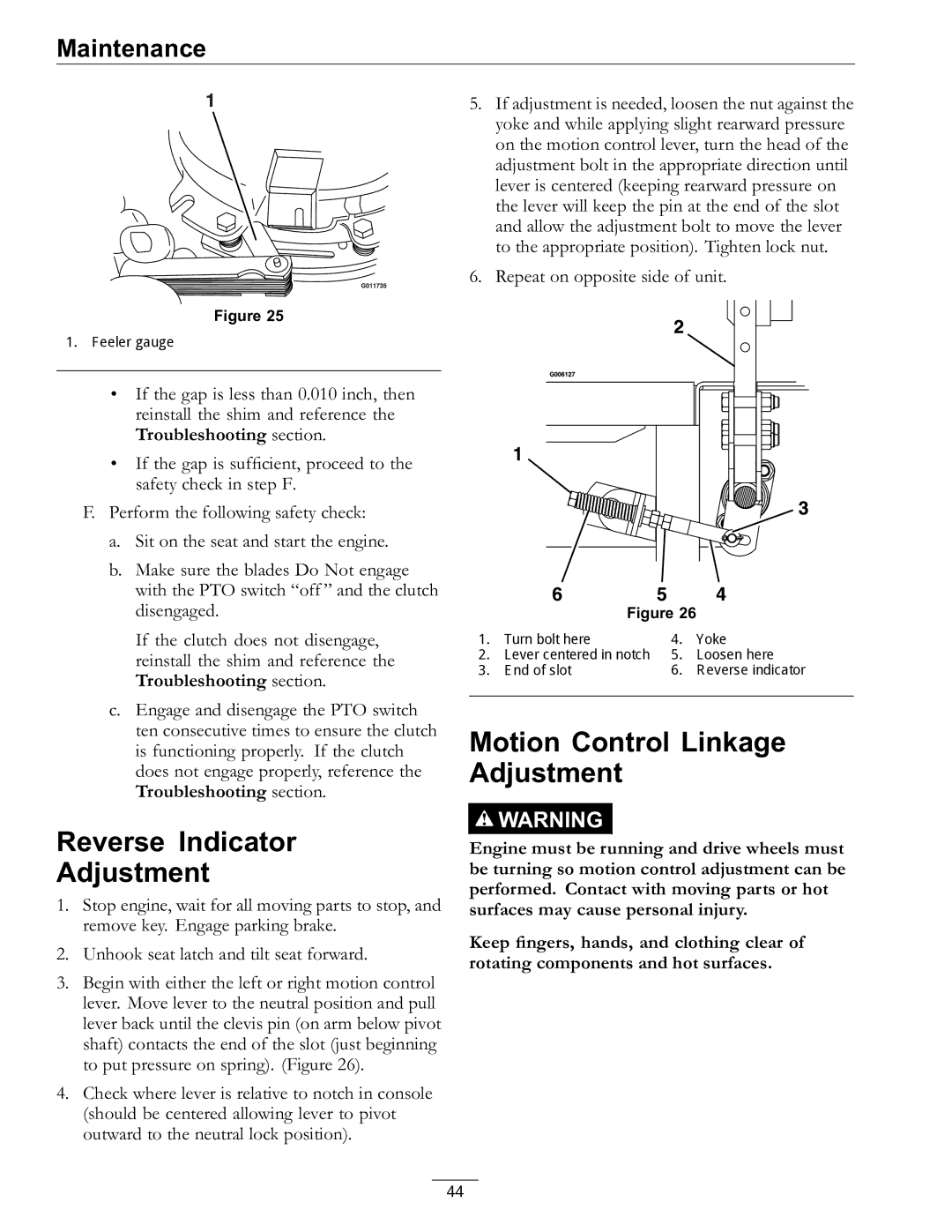 Exmark 000 & higher, 920 manual Reverse Indicator Adjustment, Motion Control Linkage Adjustment 