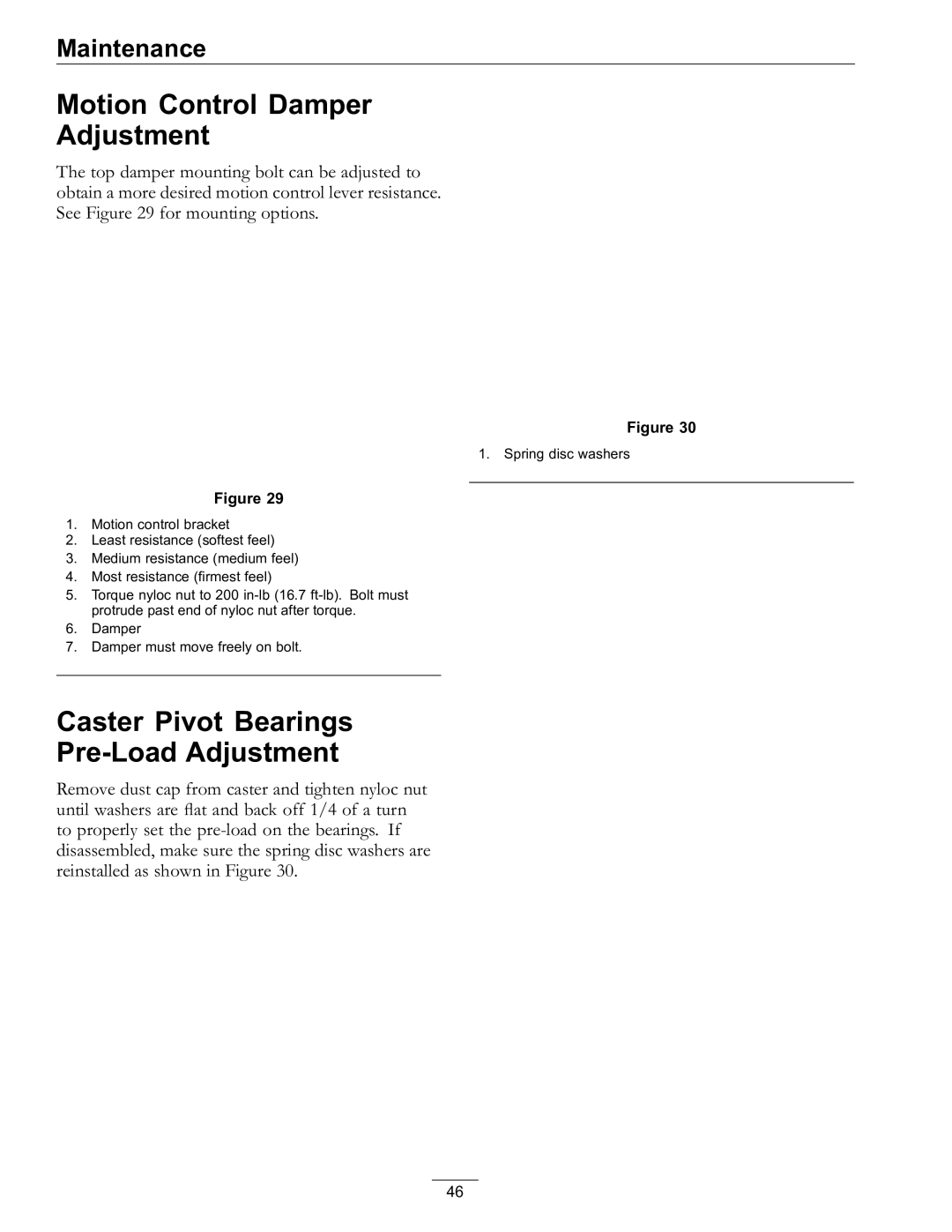 Exmark 000 & higher, 920 manual Motion Control Damper Adjustment, Caster Pivot Bearings Pre-Load Adjustment 