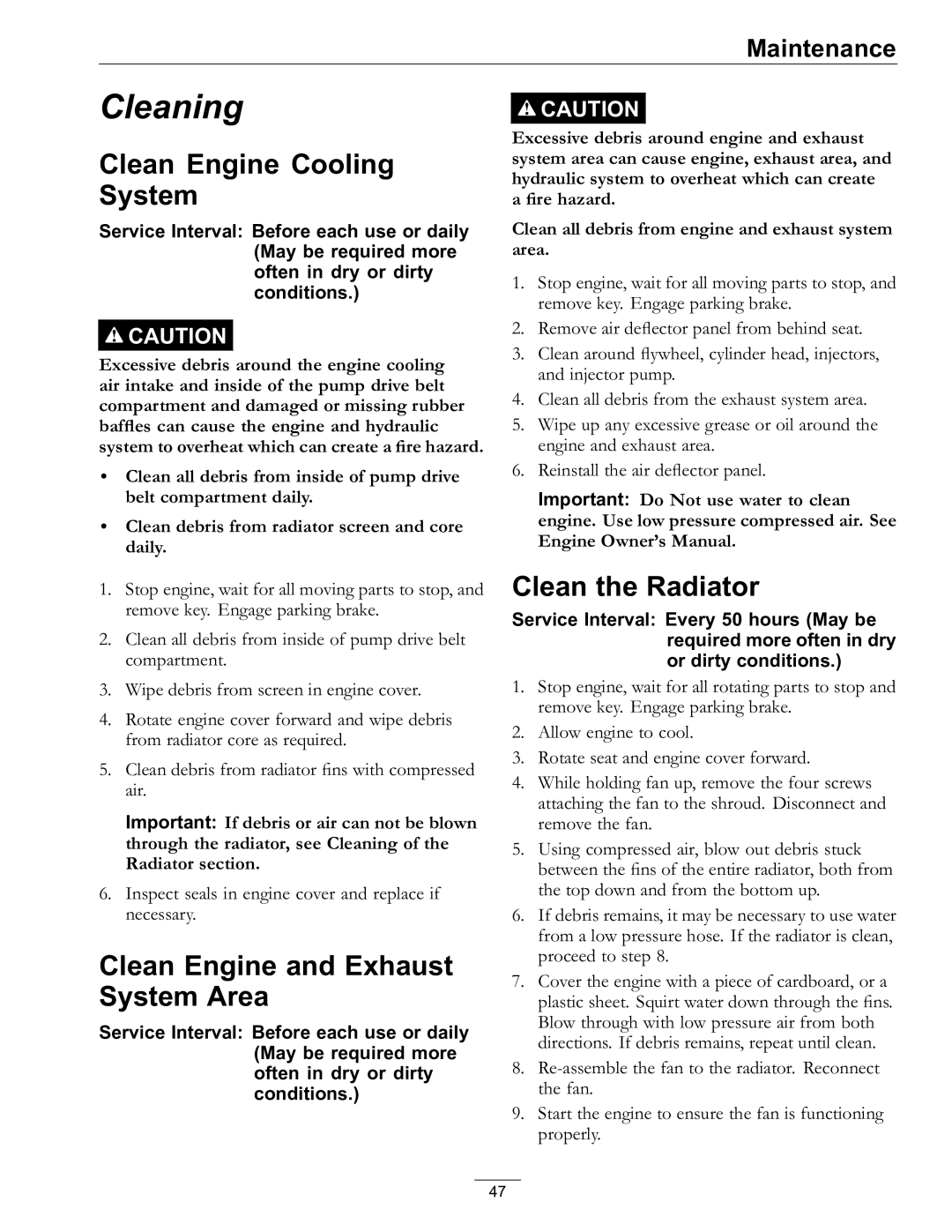 Exmark 920, 000 & higher manual Clean Engine Cooling System, Clean Engine and Exhaust System Area, Clean the Radiator 