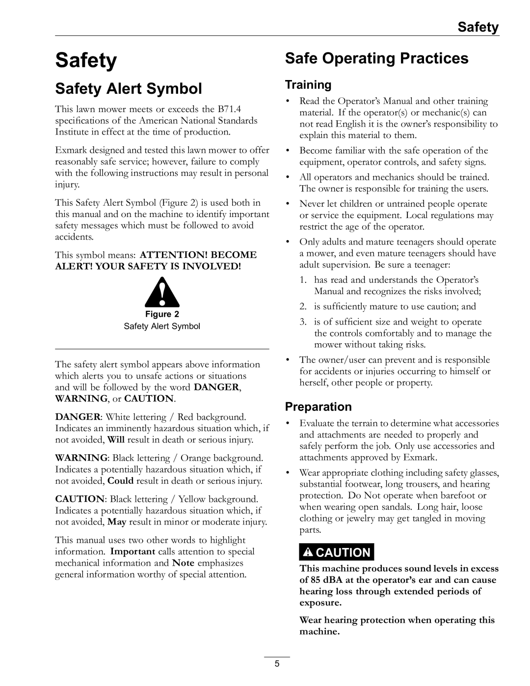 Exmark 920, 000 & higher manual Safety Alert Symbol, Safe Operating Practices, Training, Preparation 