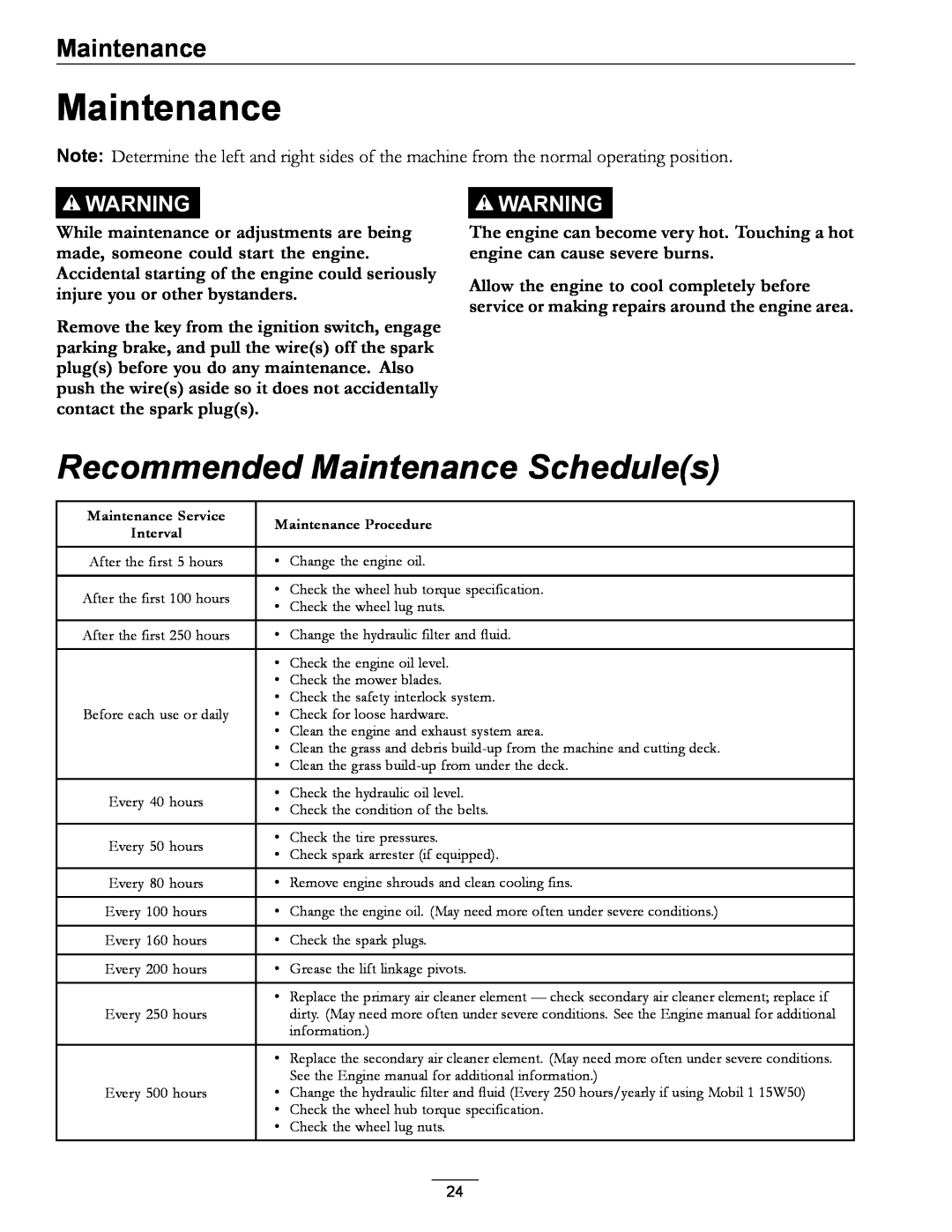 Exmark 000 & higher, 920 manual Recommended Maintenance Schedules 