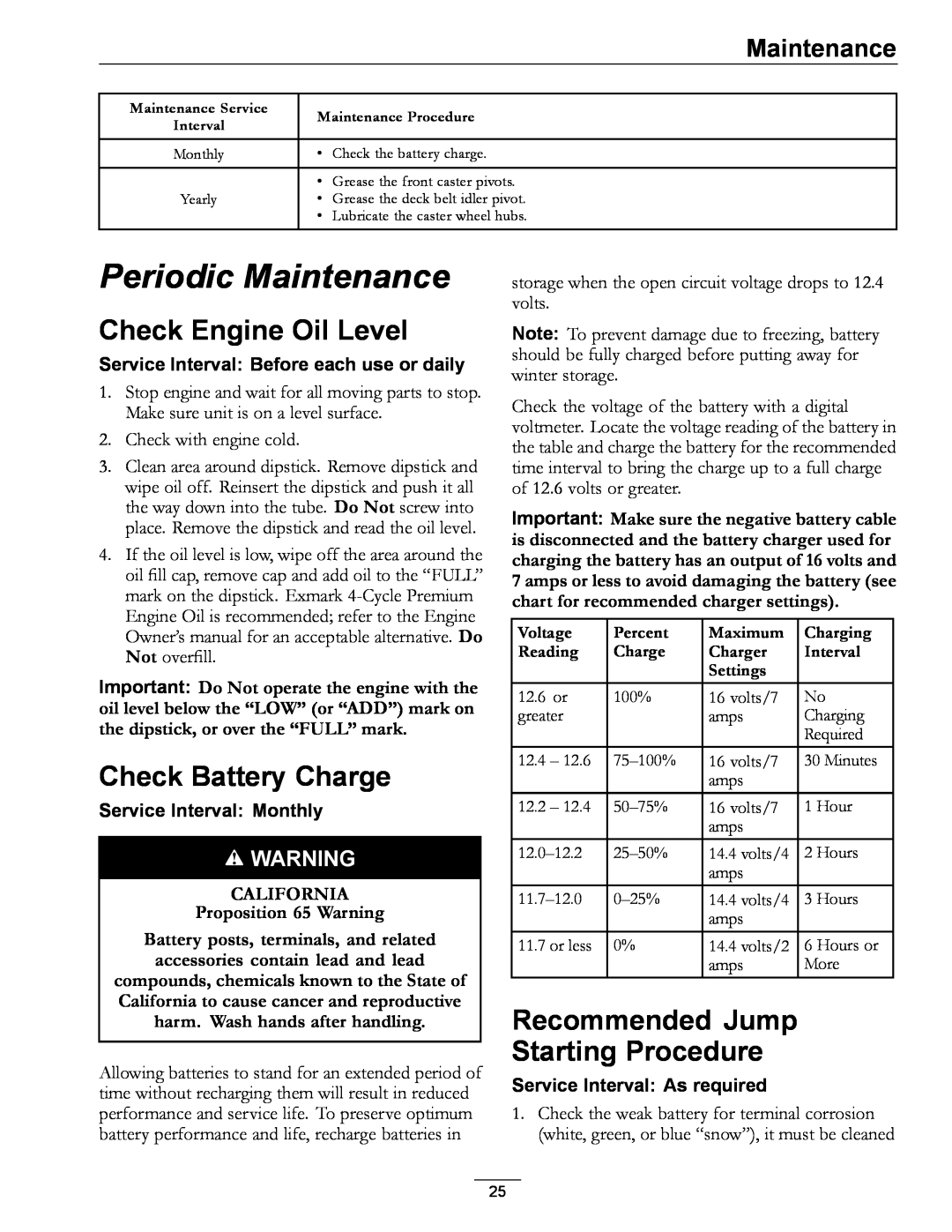 Exmark 920 manual Periodic Maintenance, Check Engine Oil Level, Check Battery Charge, Recommended Jump Starting Procedure 