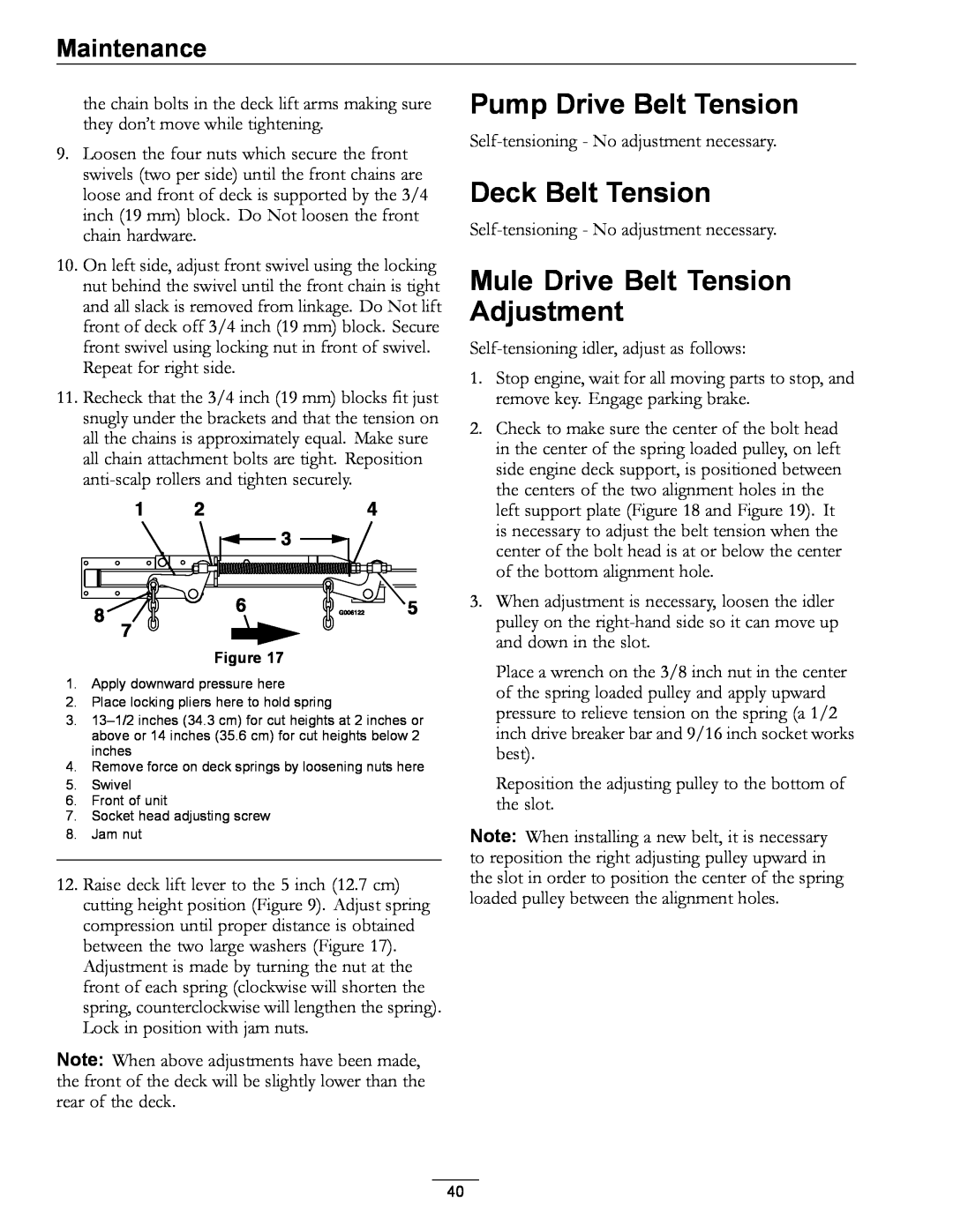 Exmark 000 & higher, 920 manual Pump Drive Belt Tension, Deck Belt Tension, Mule Drive Belt Tension Adjustment, Maintenance 