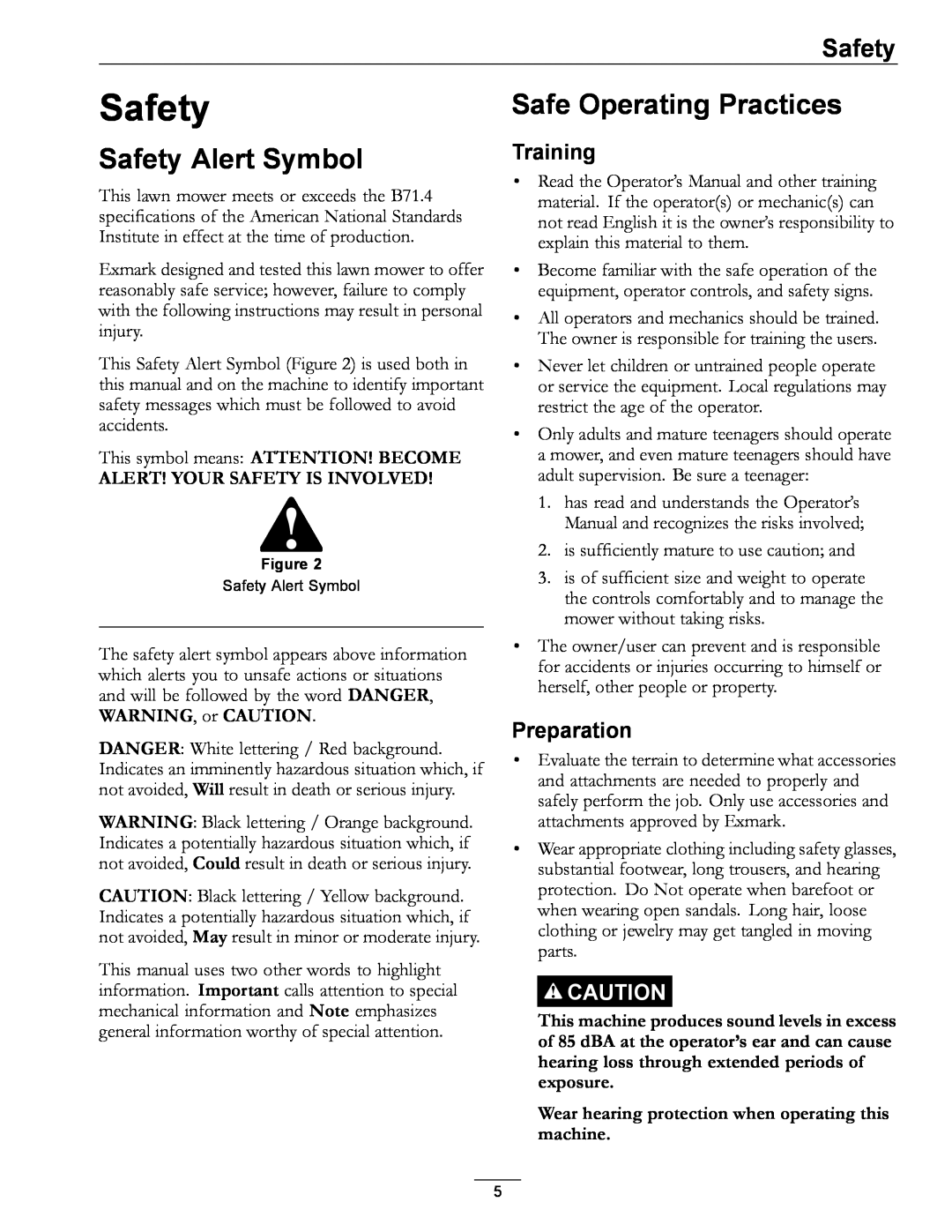 Exmark 920, 000 & higher manual Safety Alert Symbol, Safe Operating Practices, Training, Preparation 