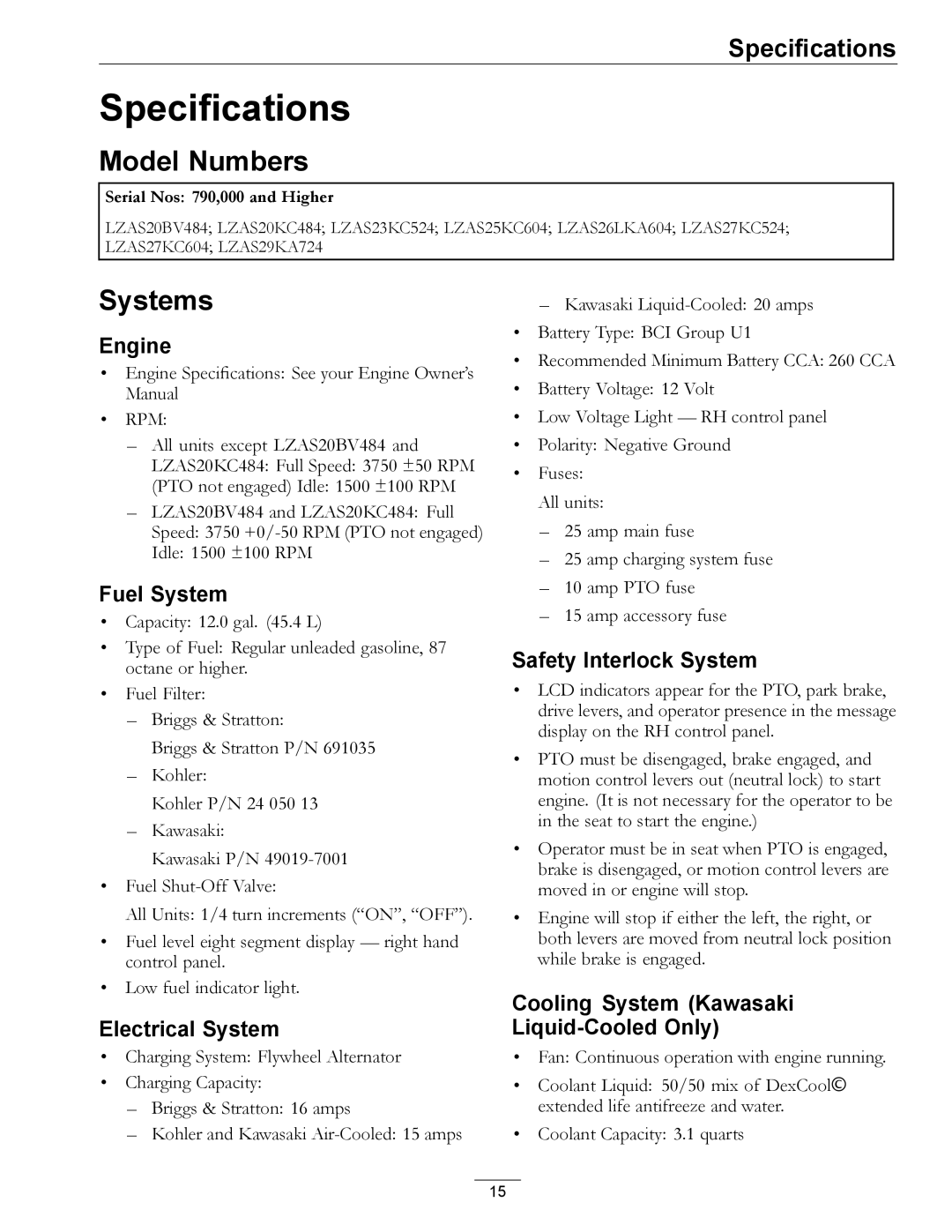 Exmark 000 & higher manual Specifications, Model Numbers, Systems 