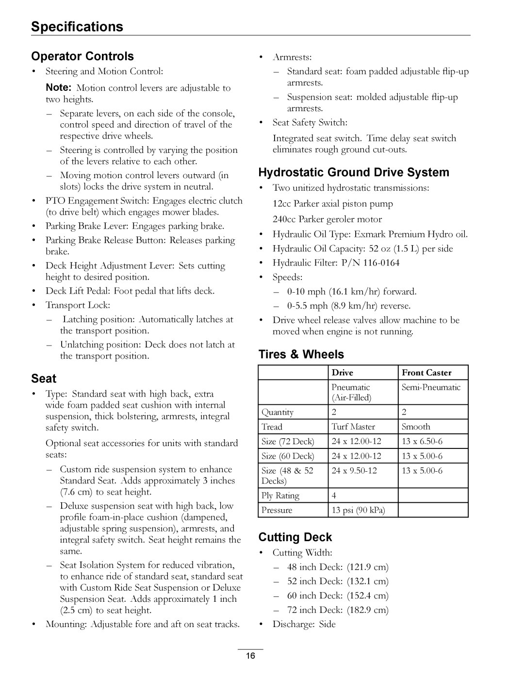 Exmark 000 & higher manual Operator Controls, Seat, Hydrostatic Ground Drive System, Tires & Wheels, Cutting Deck 