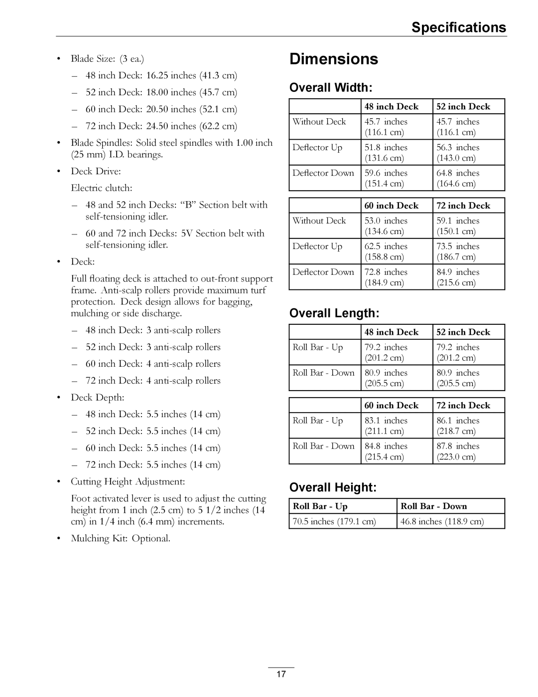 Exmark 000 & higher manual Dimensions, Overall Width, Overall Length, Overall Height 